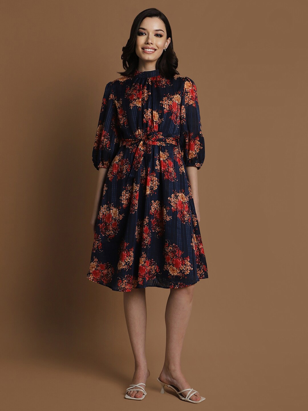 

Allen Solly Women Tie-Up Neck Floral Printed Cuffed Sleeves Fit & Flare Dress, Navy blue