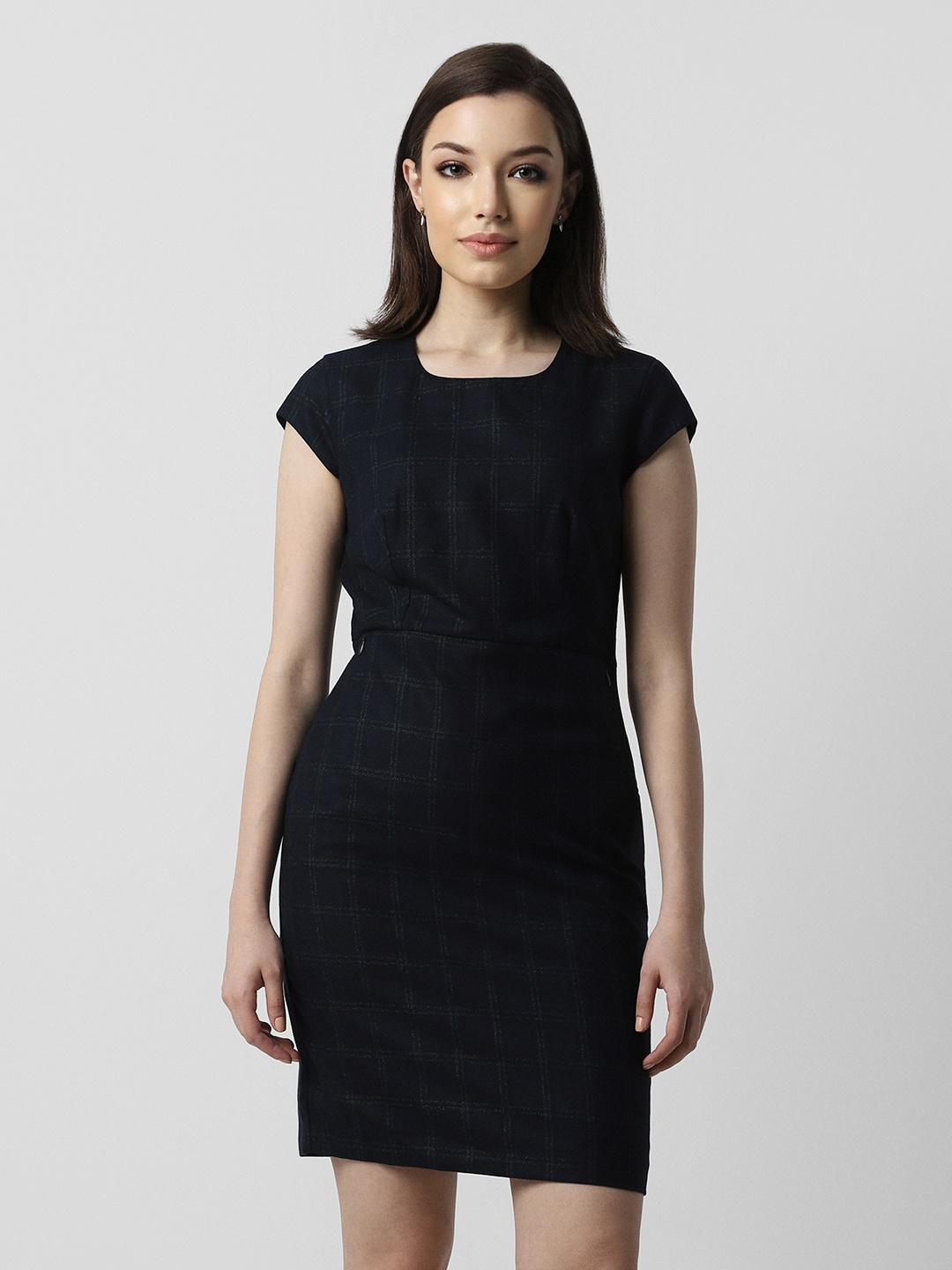 

Van Heusen Woman Checked Square Neck Cap Sleeves Formal Sheath Dress, Navy blue