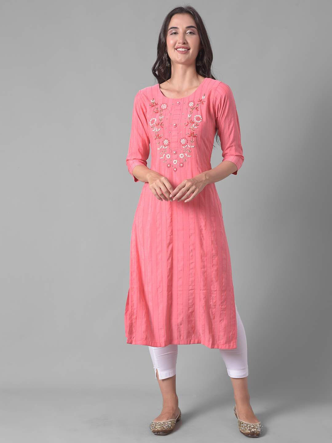 

Dollar Missy Floral Embroidered Beads & Stones Pure Cotton Straight Kurta, Pink
