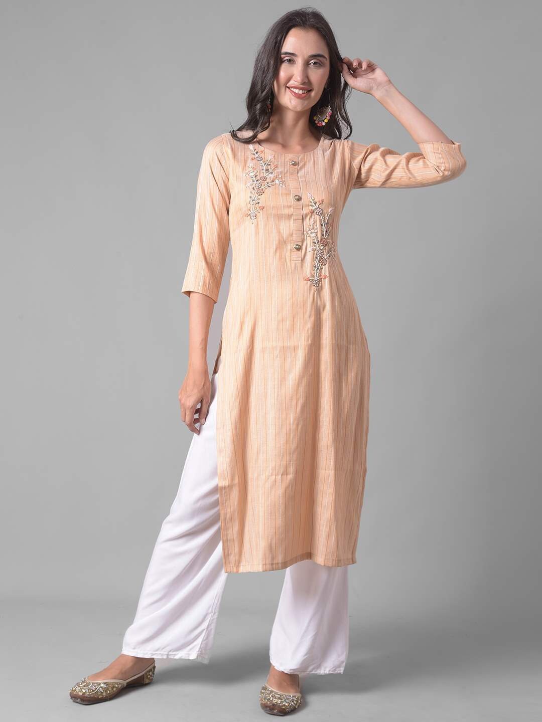 

Dollar Missy Floral Embroidered Beads & Stones Pure Cotton Straight Kurta, Orange