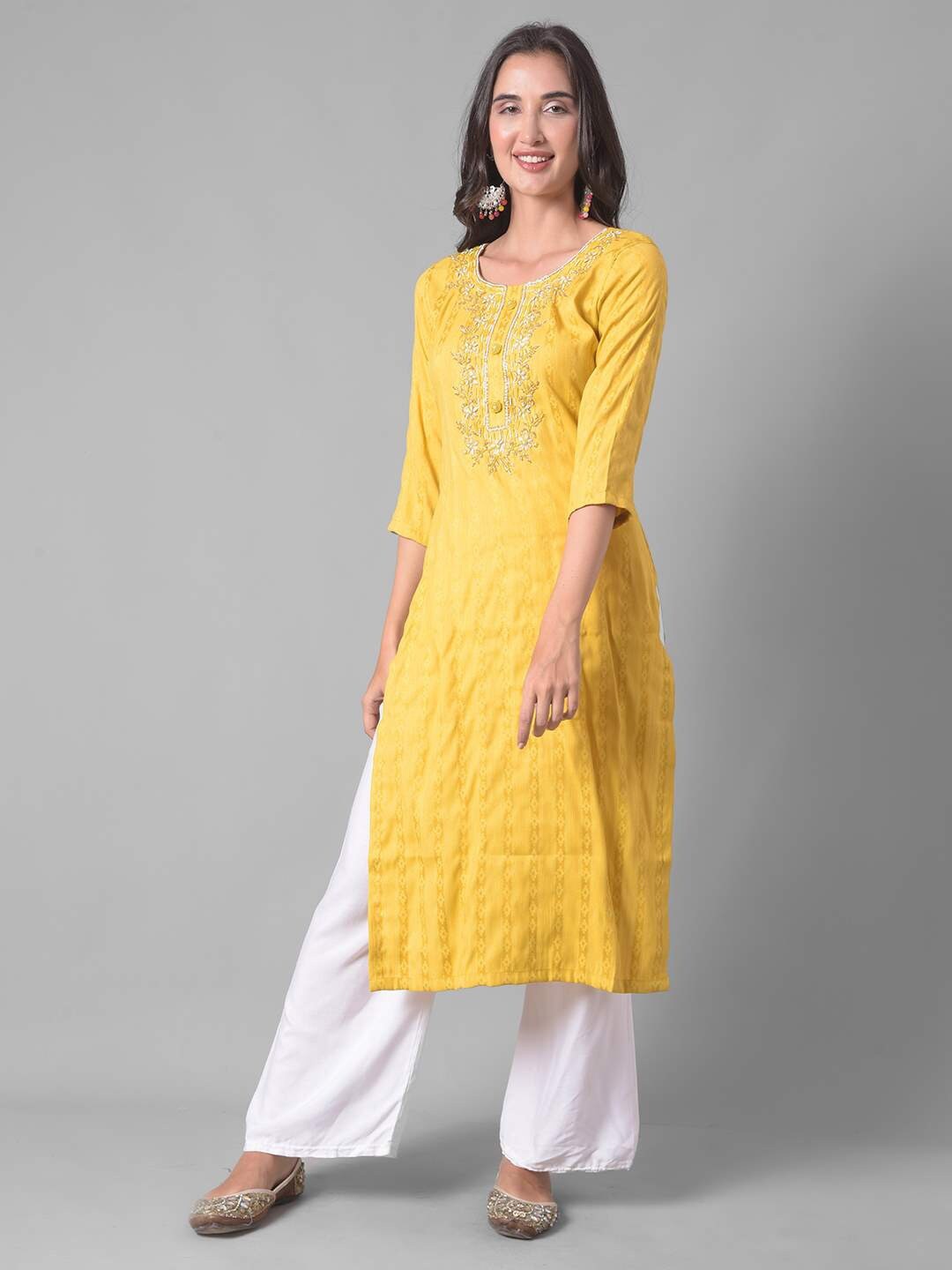 

Dollar Missy Ethnic Motifs Embroidered Beads & Stones Pure Cotton Straight Kurta, Yellow