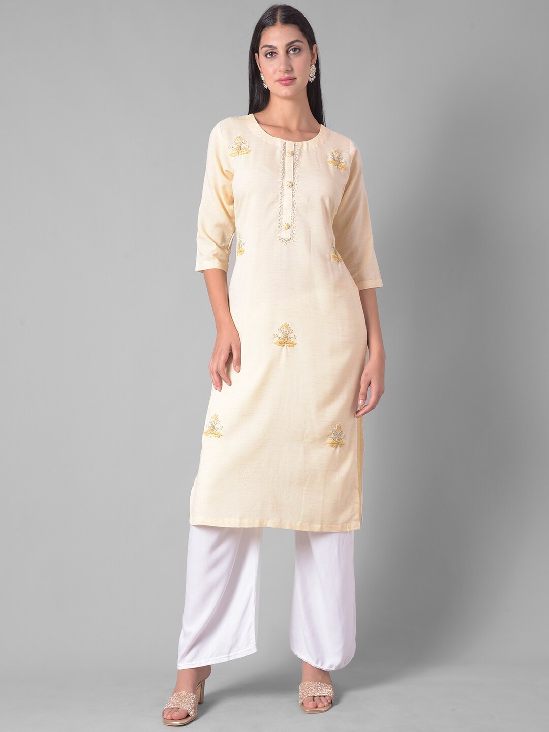 

Dollar Missy Floral Embroidered Pure Cotton Straight Kurta, Yellow
