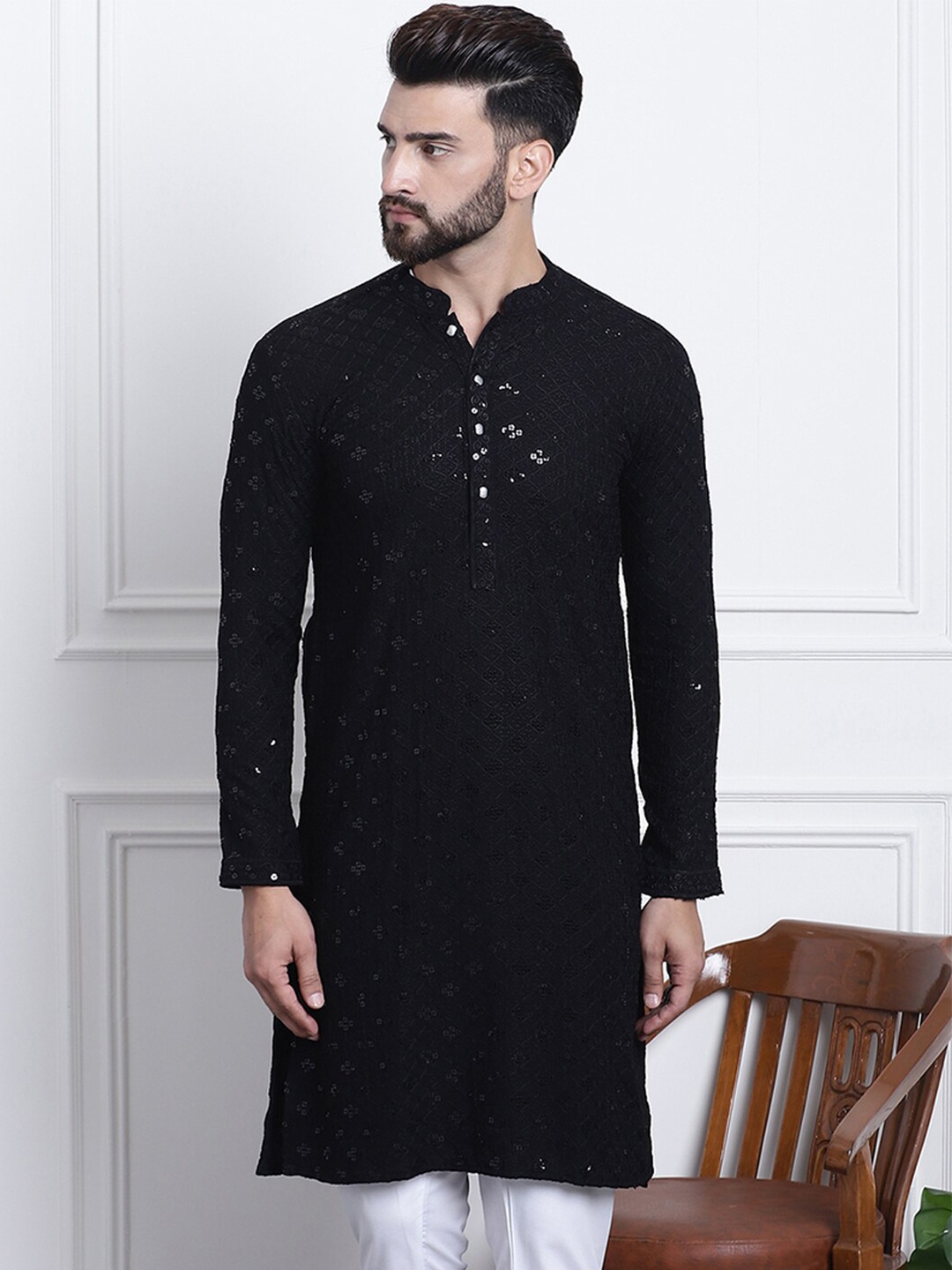 

SOJANYA Ethnic Embroidered Sequined Pure Cotton Straight Kurta, Black