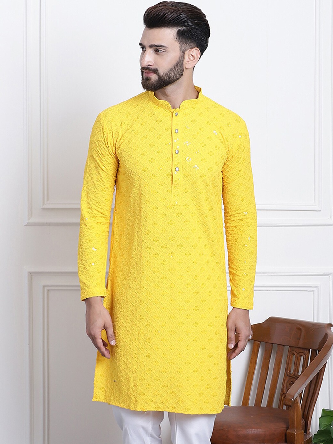 

SOJANYA Ethnic Embroidered Sequined Pure Cotton Straight Kurta, Yellow