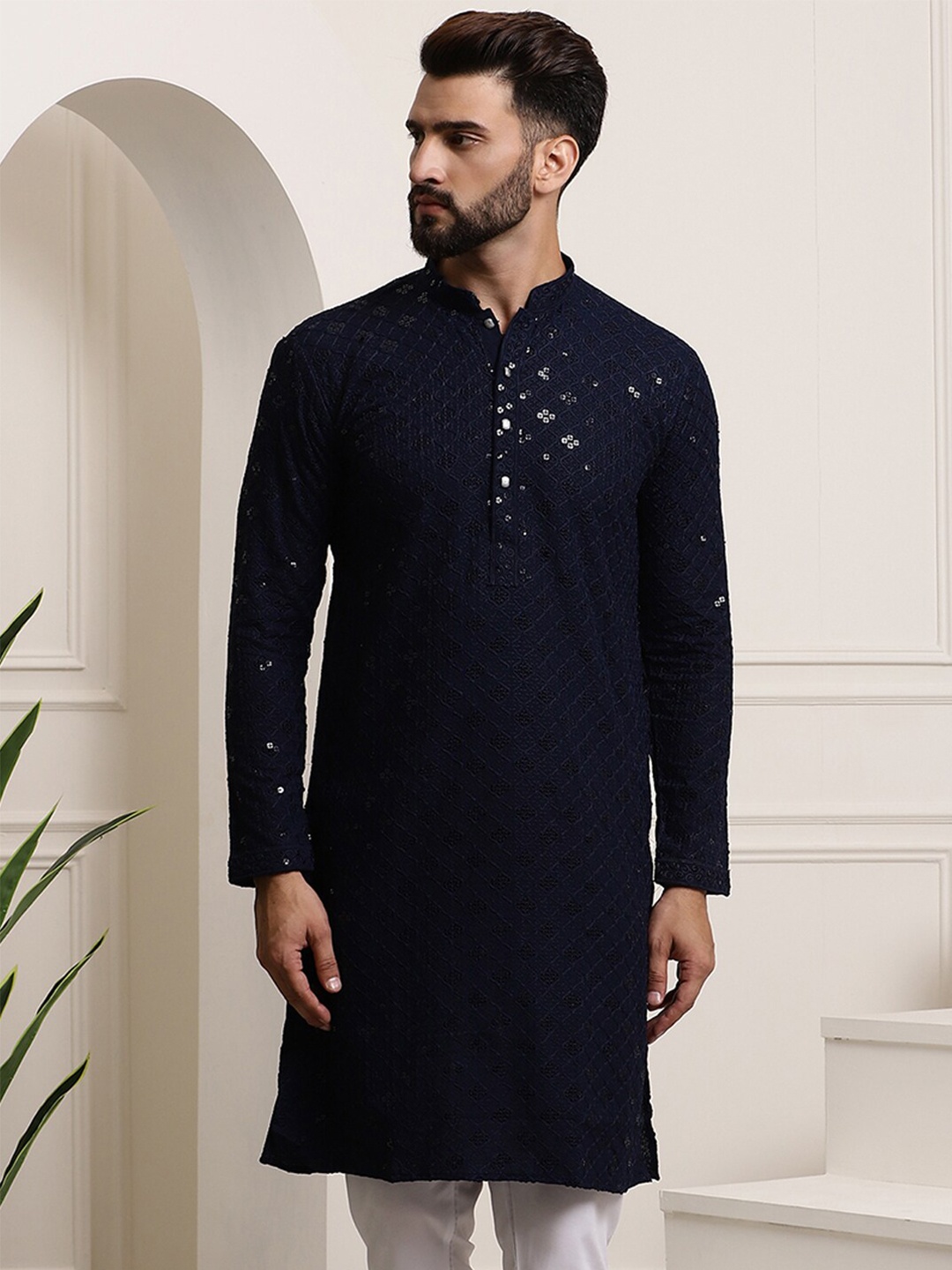 

SOJANYA Ethnic Embroidered Sequined Pure Cotton Straight Kurta, Navy blue