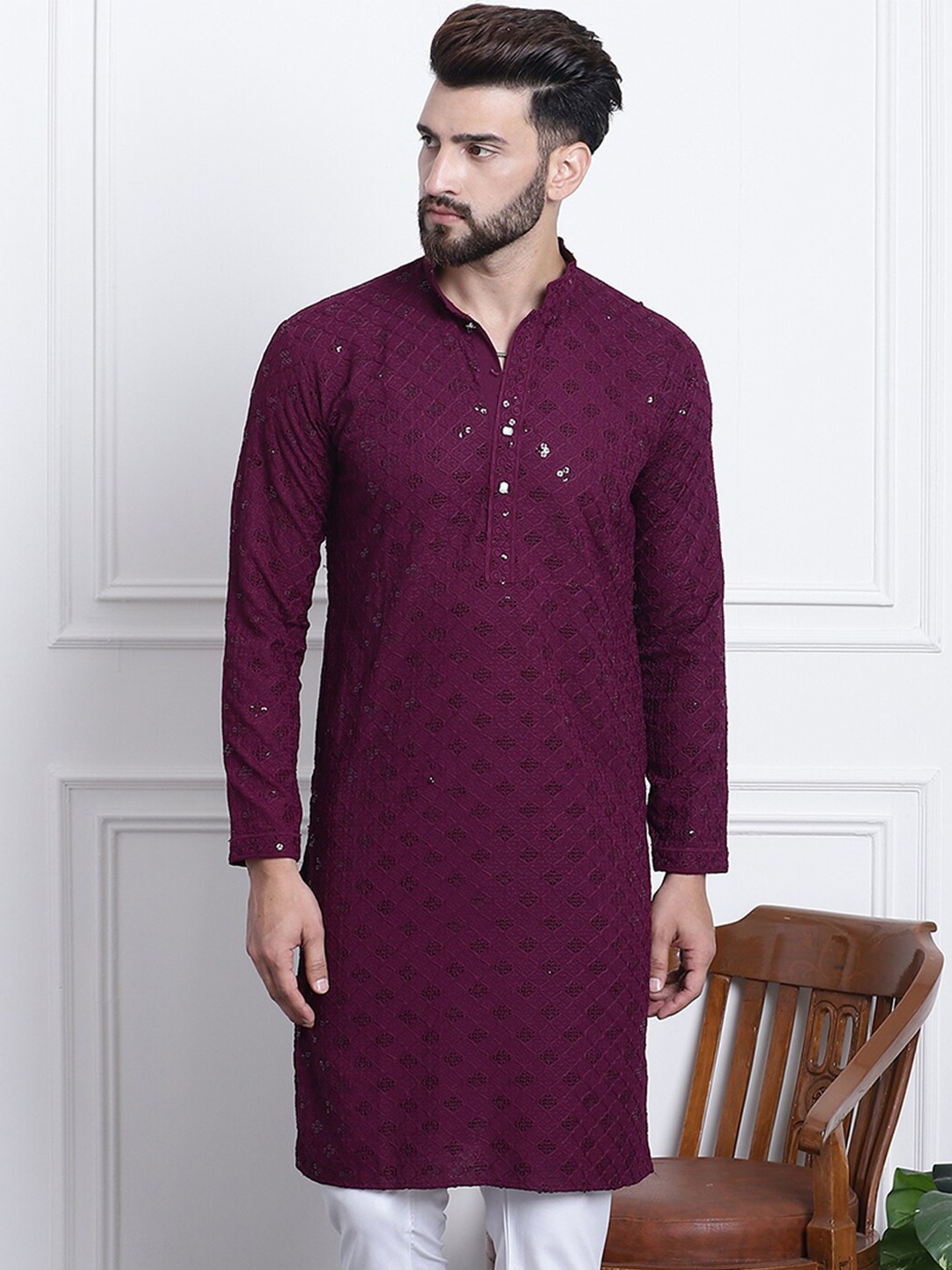 

SOJANYA Ethnic Motifs Embroidered Sequinned Long Sleeves Straight Pure Cotton Kurta, Purple