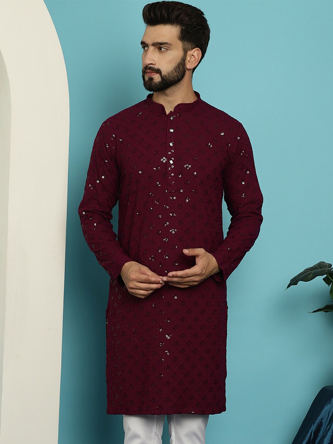 

SOJANYA Ethnic Embroidered Sequined Pure Cotton Straight Kurta, Purple