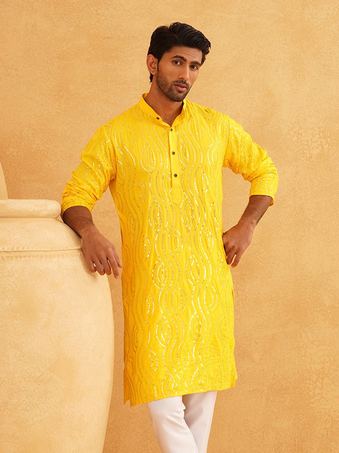 

SOJANYA Seqinned Embellished Pure Cotton Straight Kurta, Mustard