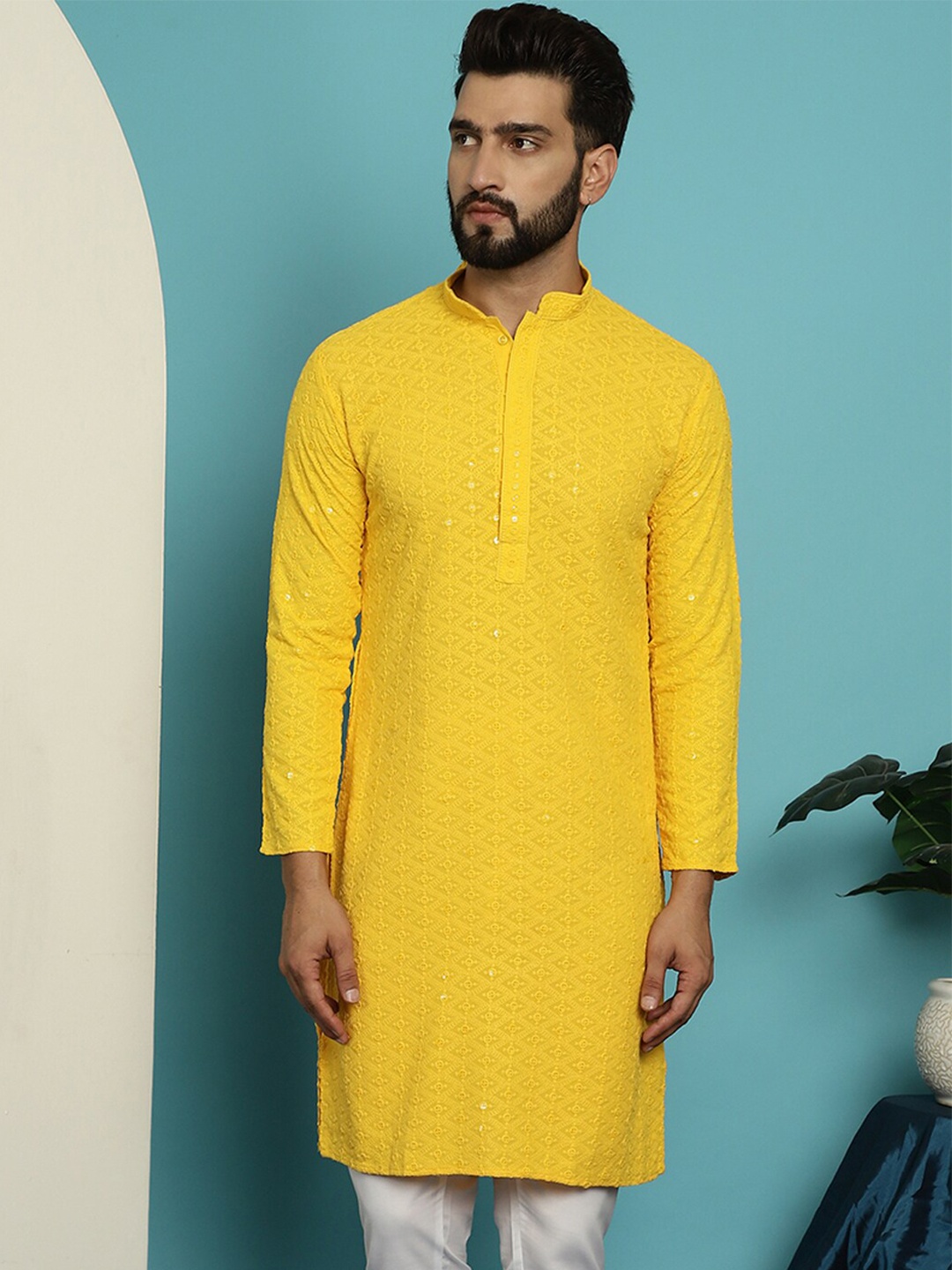 

SOJANYA Geometric Embroidered Mandarin Collar Sequined Pure Cotton Straight Kurta, Mustard