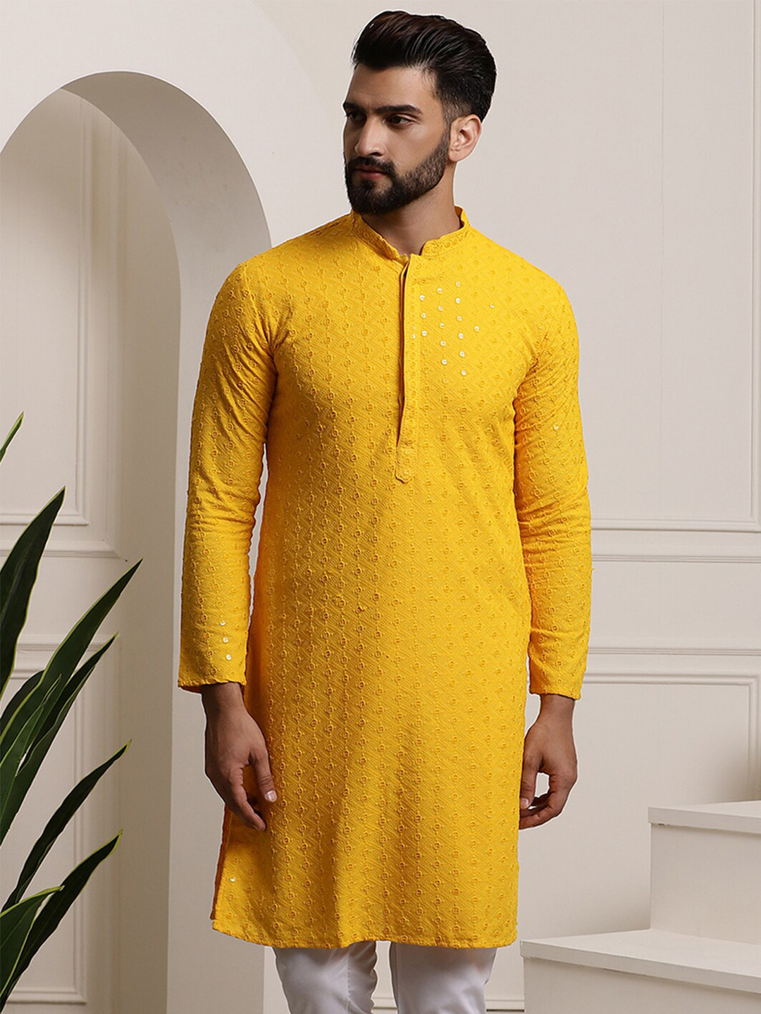 

SOJANYA Ethnic Embroidered Sequined Pure Cotton Straight Kurta, Mustard