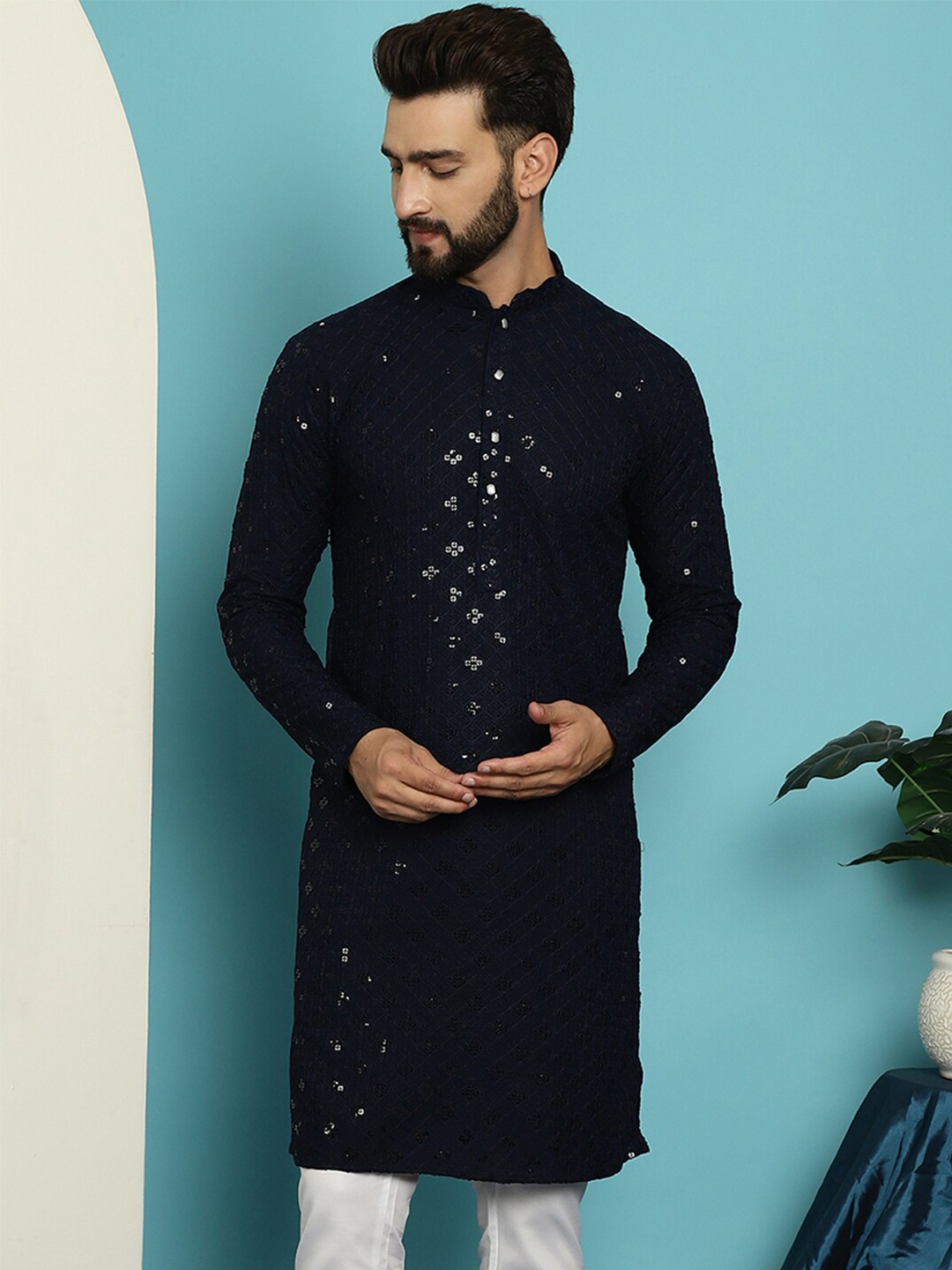 

SOJANYA Ethnic Embroidered Sequined Pure Cotton Straight Kurta, Navy blue