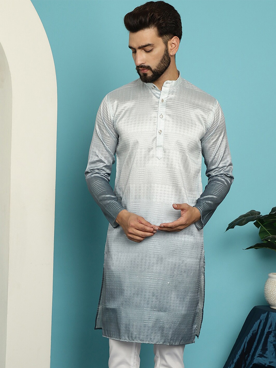 

SOJANYA Ethnic Woven Design Cotton Silk Straight Kurta, Grey
