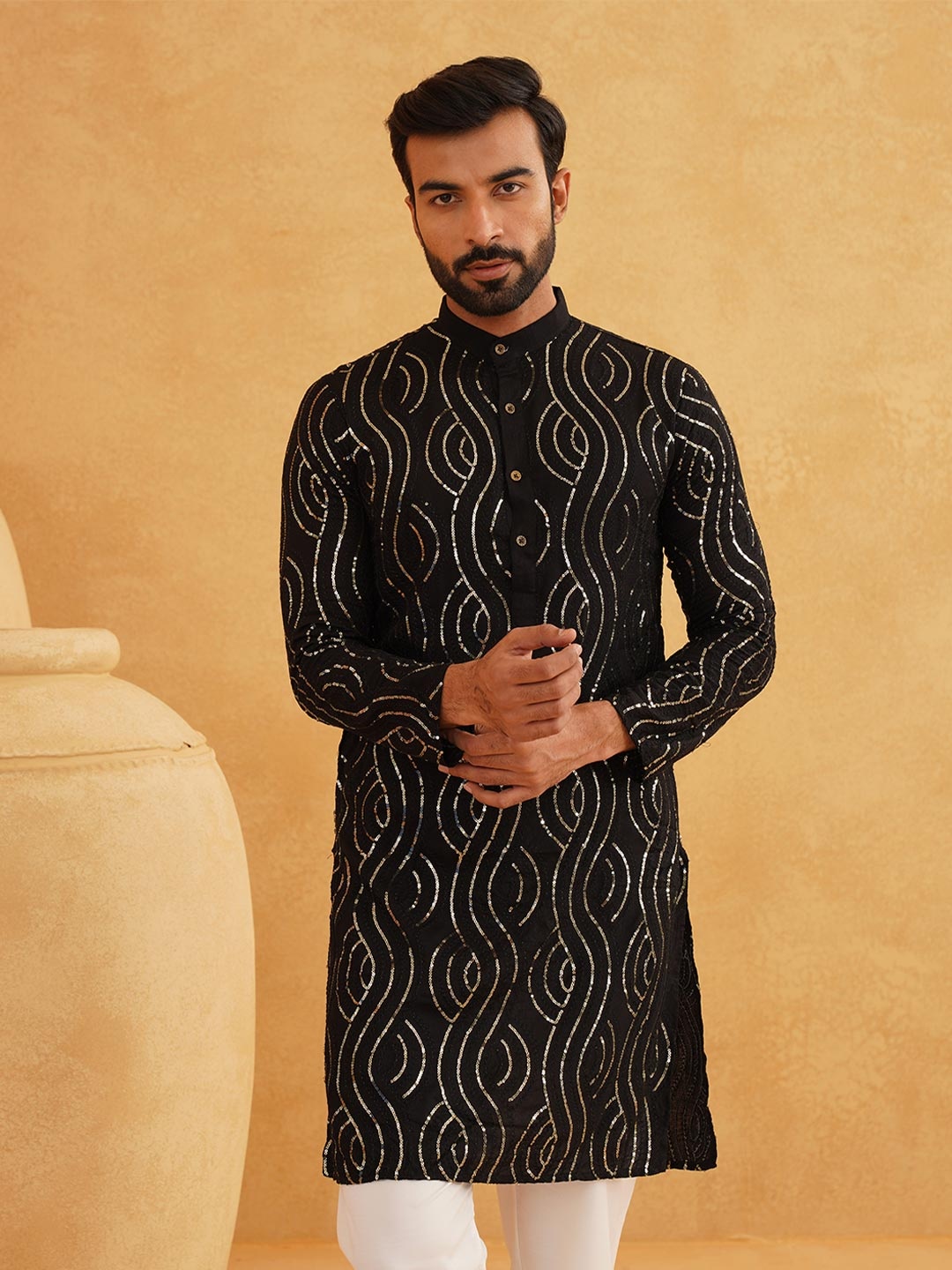 

SOJANYA Geometric Embroidered Mandarin Collar Sequined Pure Cotton Straight Kurta, Black