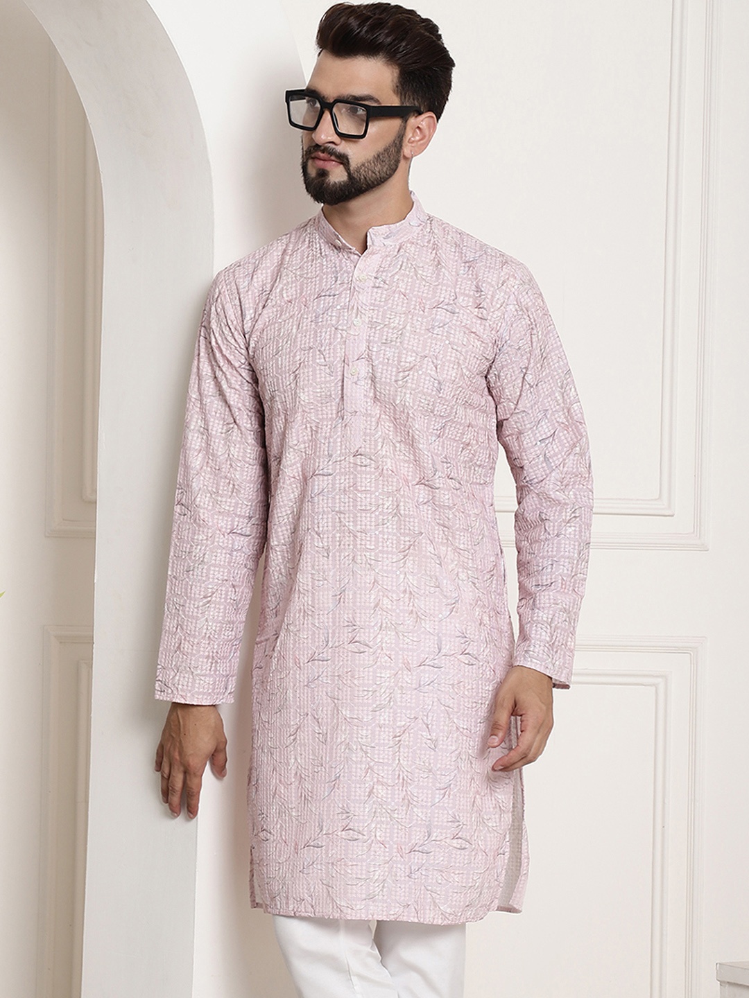 

SOJANYA Men Pink Thread Work Kurta