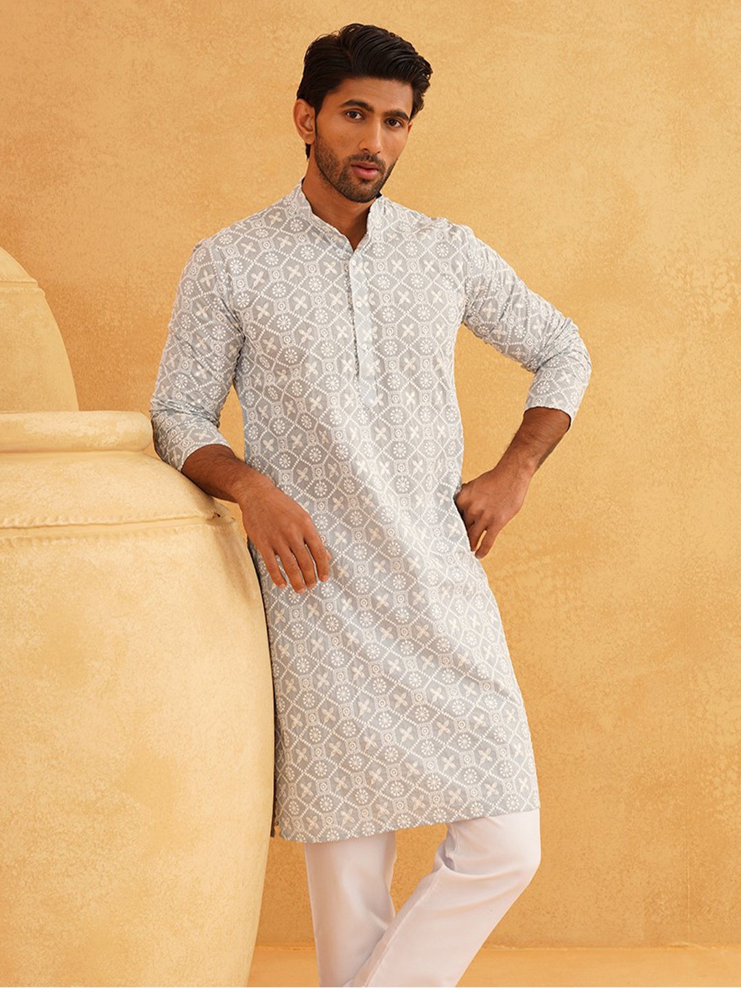 

SOJANYA Ethnic Embroidered Sequined Pure Cotton Straight Kurta, Grey