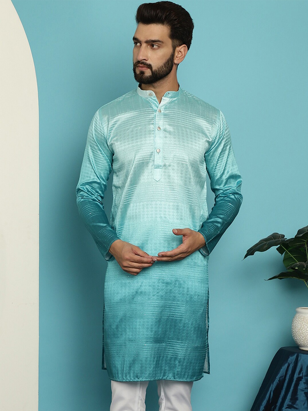 

SOJANYA Ethnic Motifs Woven Design Jacquard Mandarin Collar Straight Kurta, Sea green
