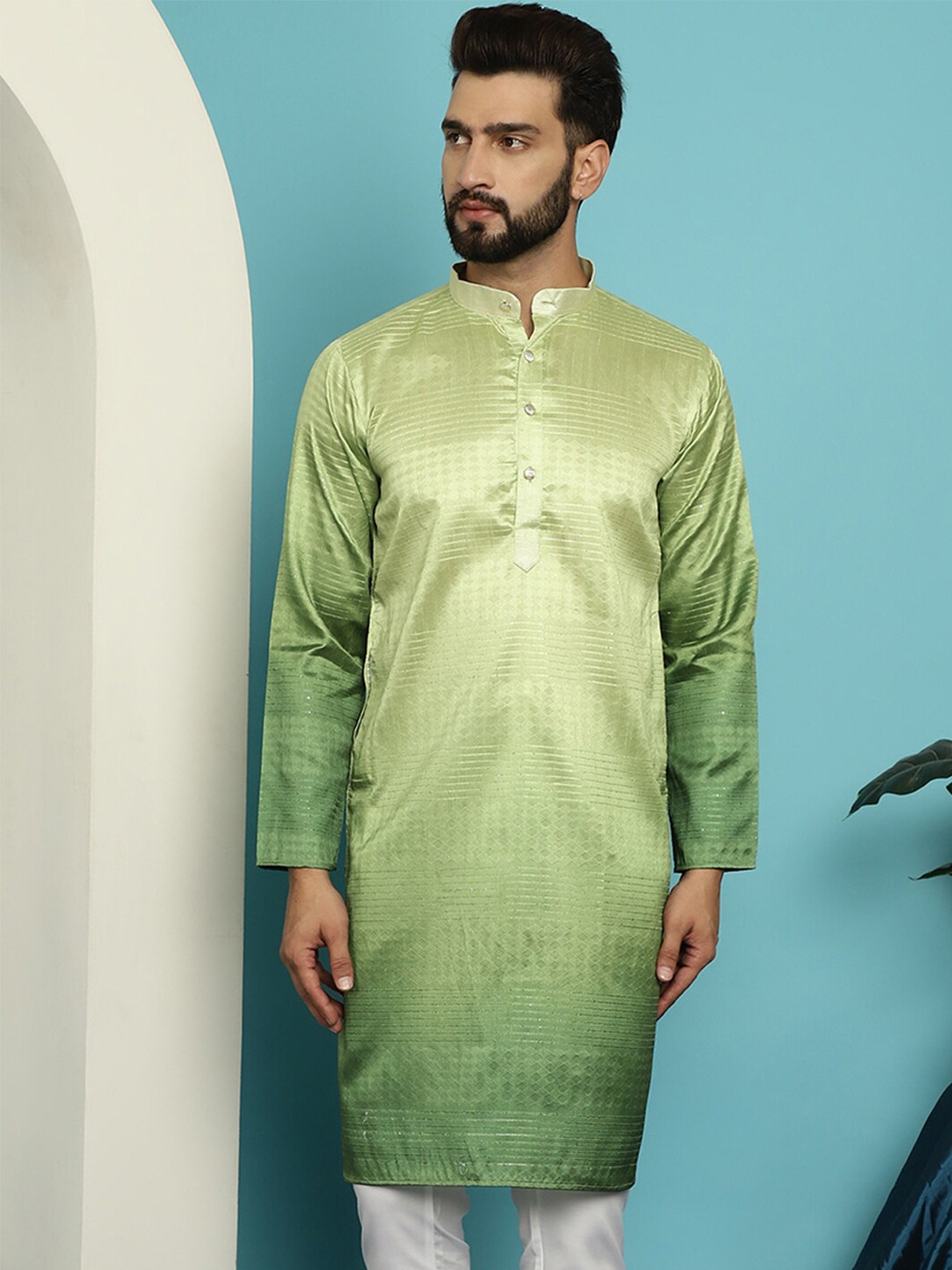 

SOJANYA Ethnic Motifs Woven Design Jacquard Mandarin Collar Straight Kurta, Green