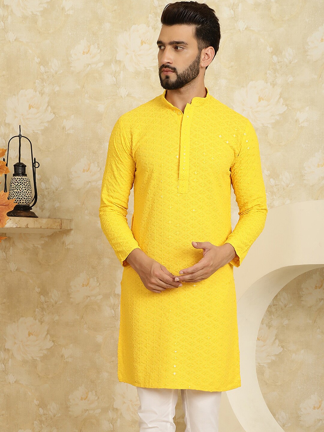 

SOJANYA Ethnic Motifs Embroidered Sequinned Long Sleeves Straight Pure Cotton Kurta, Mustard