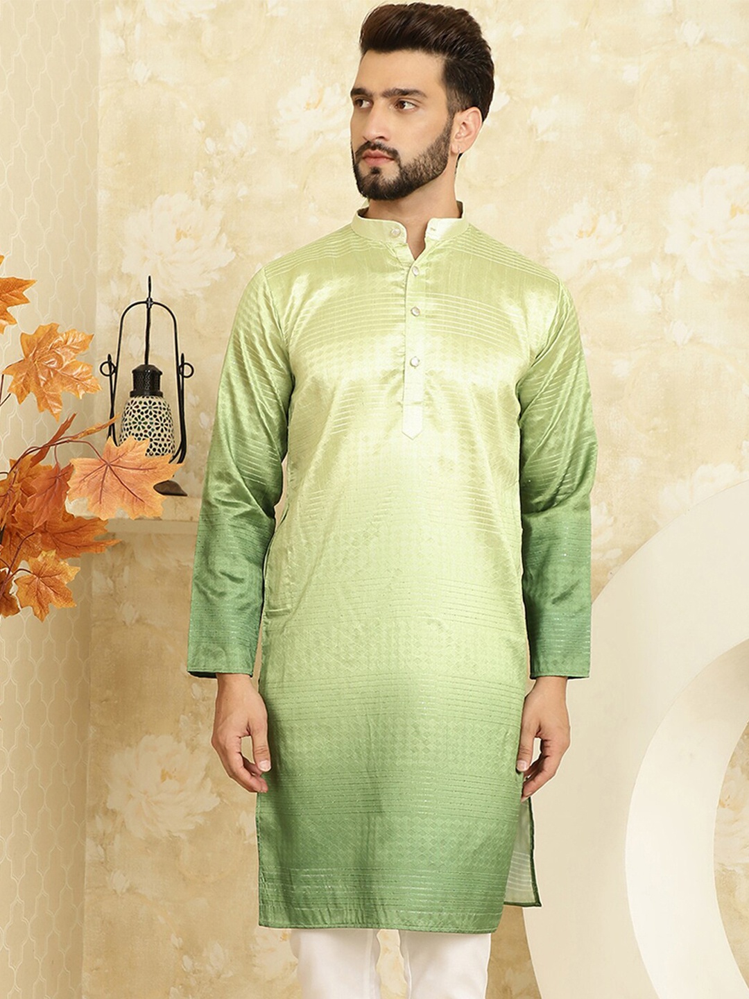 

SOJANYA Ethnic Woven Design Cotton Silk Straight Kurta, Green