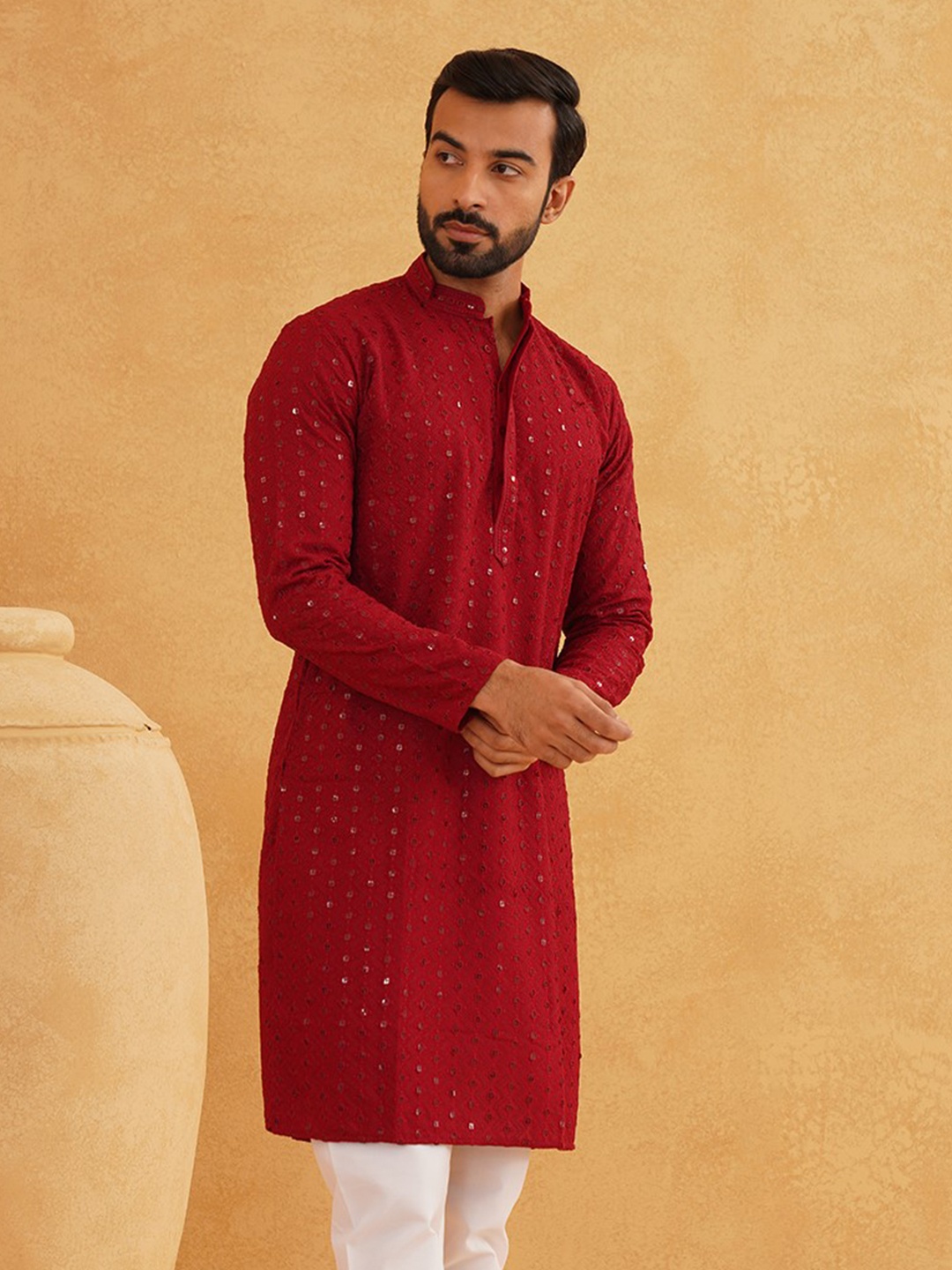 

SOJANYA Ethnic Embroidered Sequined Pure Cotton Straight Kurta, Maroon