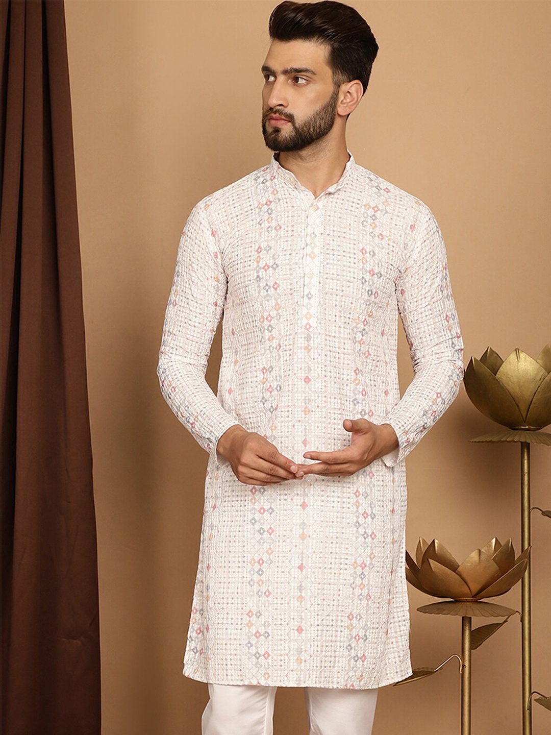 

SOJANYA Embellished Sequinned Long Sleeves Straight Pure Cotton Kurta, White