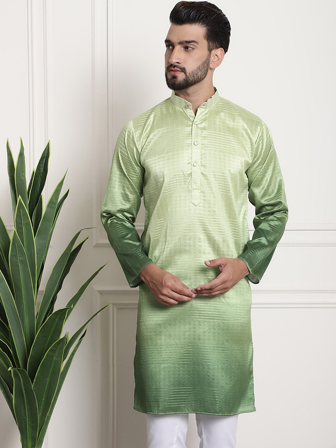 

SOJANYA Ethnic Motifs Woven Design Jacquard Mandarin Collar Straight Kurta, Green