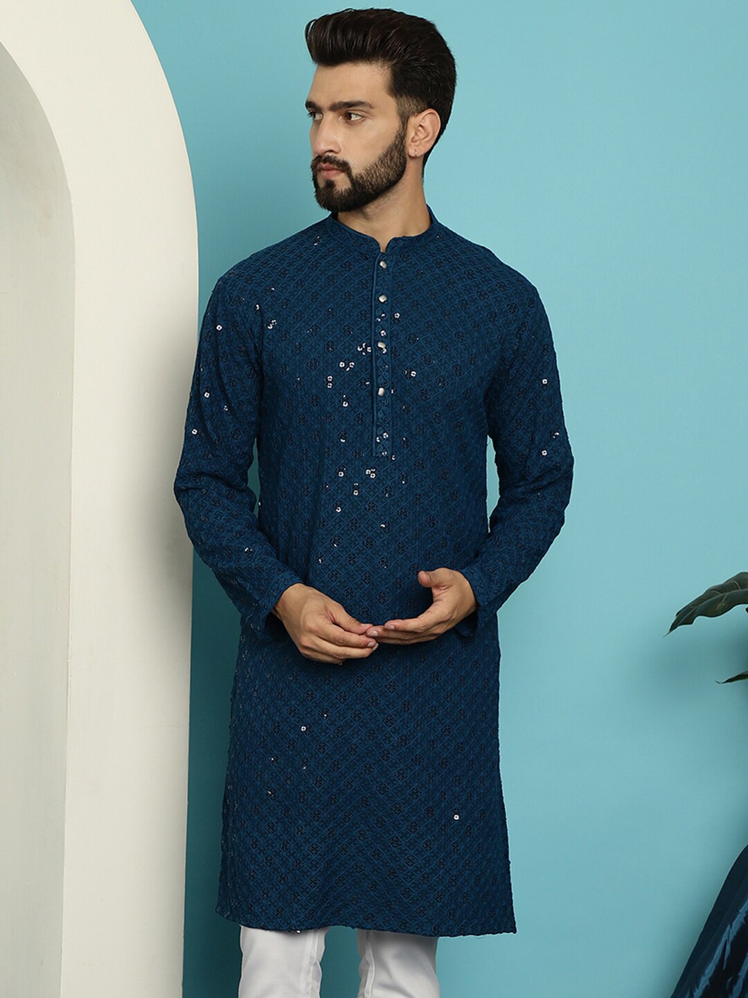 

SOJANYA Embellished Pure Cotton Mandarin Collar Straight Kurta, Teal