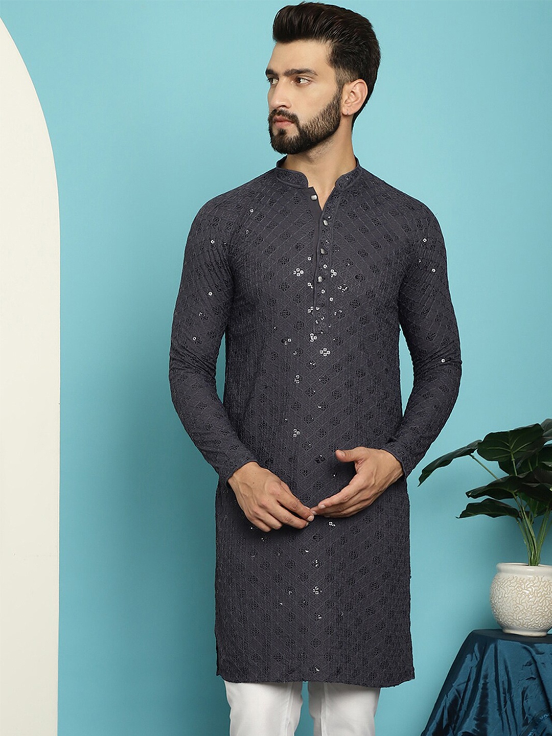 

SOJANYA Ethnic Motifs Embroidered Sequinned Long Sleeves Straight Pure Cotton Kurta, Grey