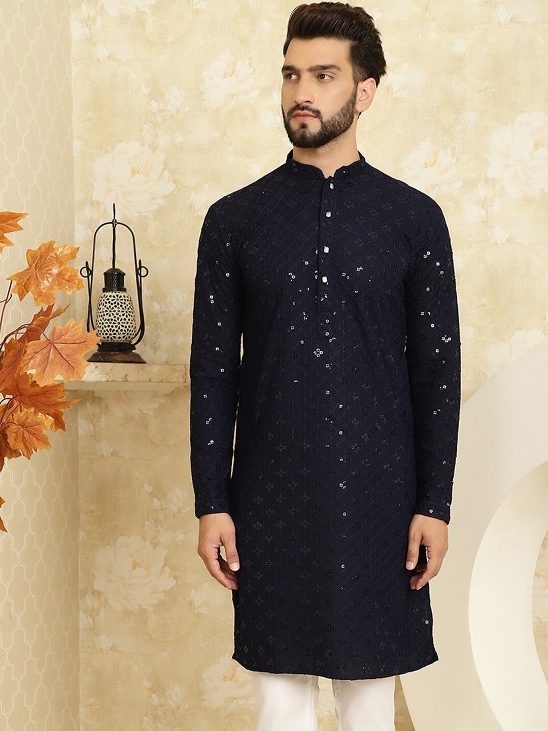 

SOJANYA Ethnic Motifs Embroidered Sequinned Long Sleeves Straight Pure Cotton Kurta, Navy blue