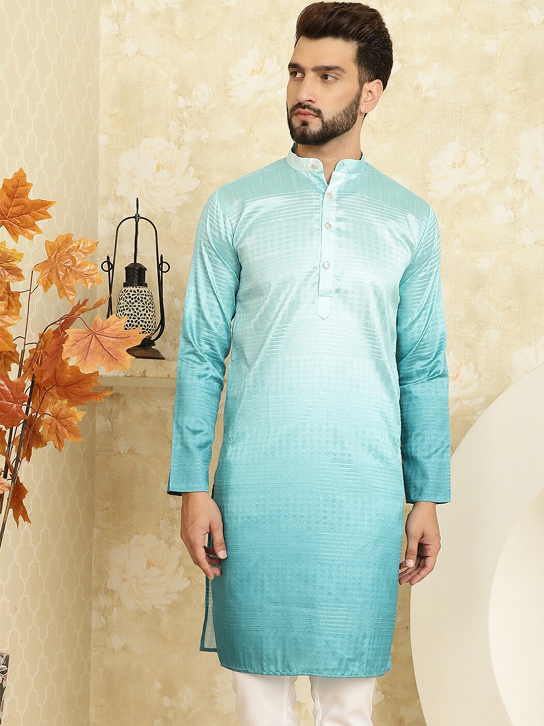 

SOJANYA Ethnic Woven Design Cotton Silk Straight Kurta, Sea green