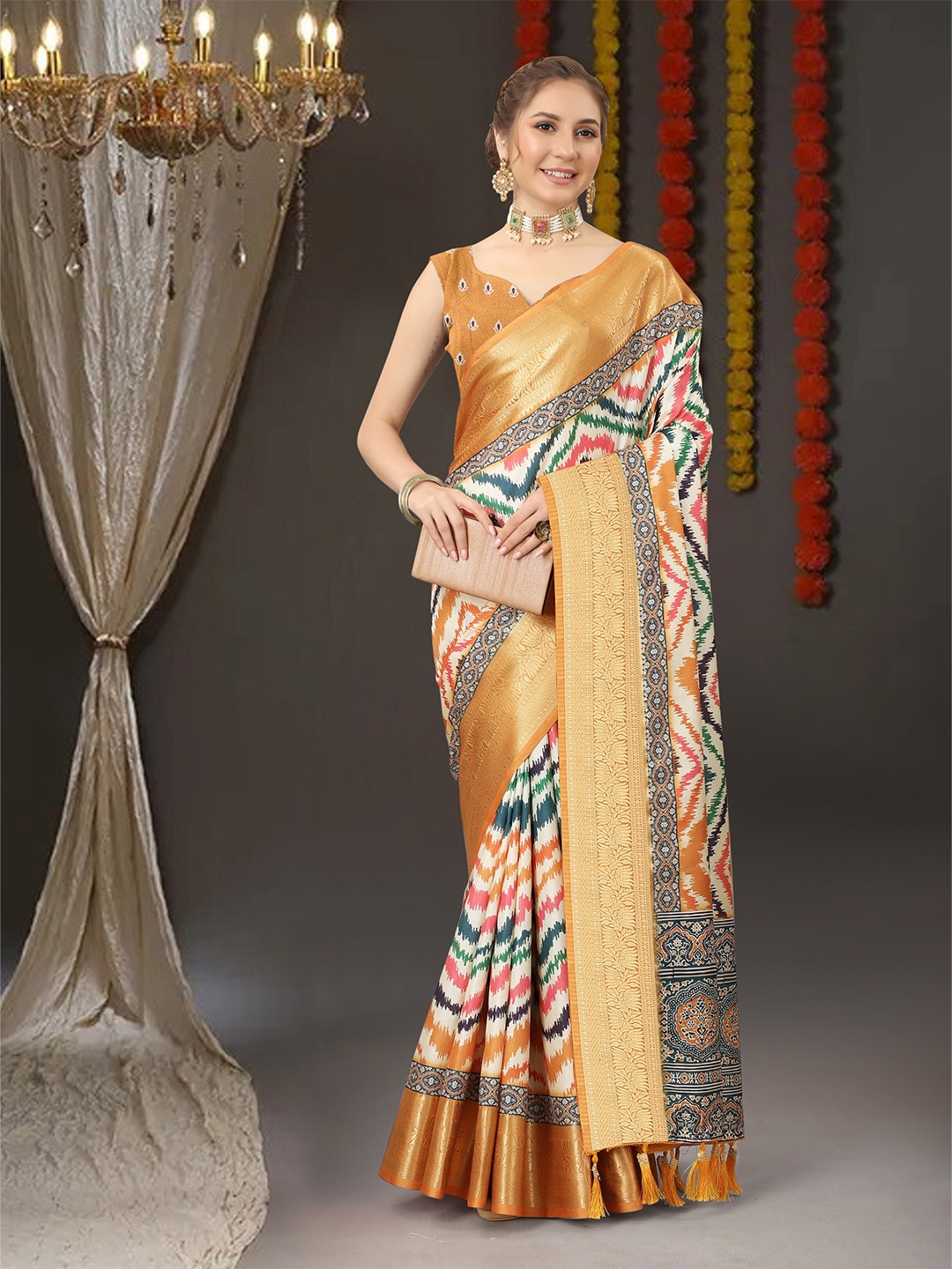 

bansari textiles Geometric Printed Zari Silk Cotton Ikat Saree, Yellow