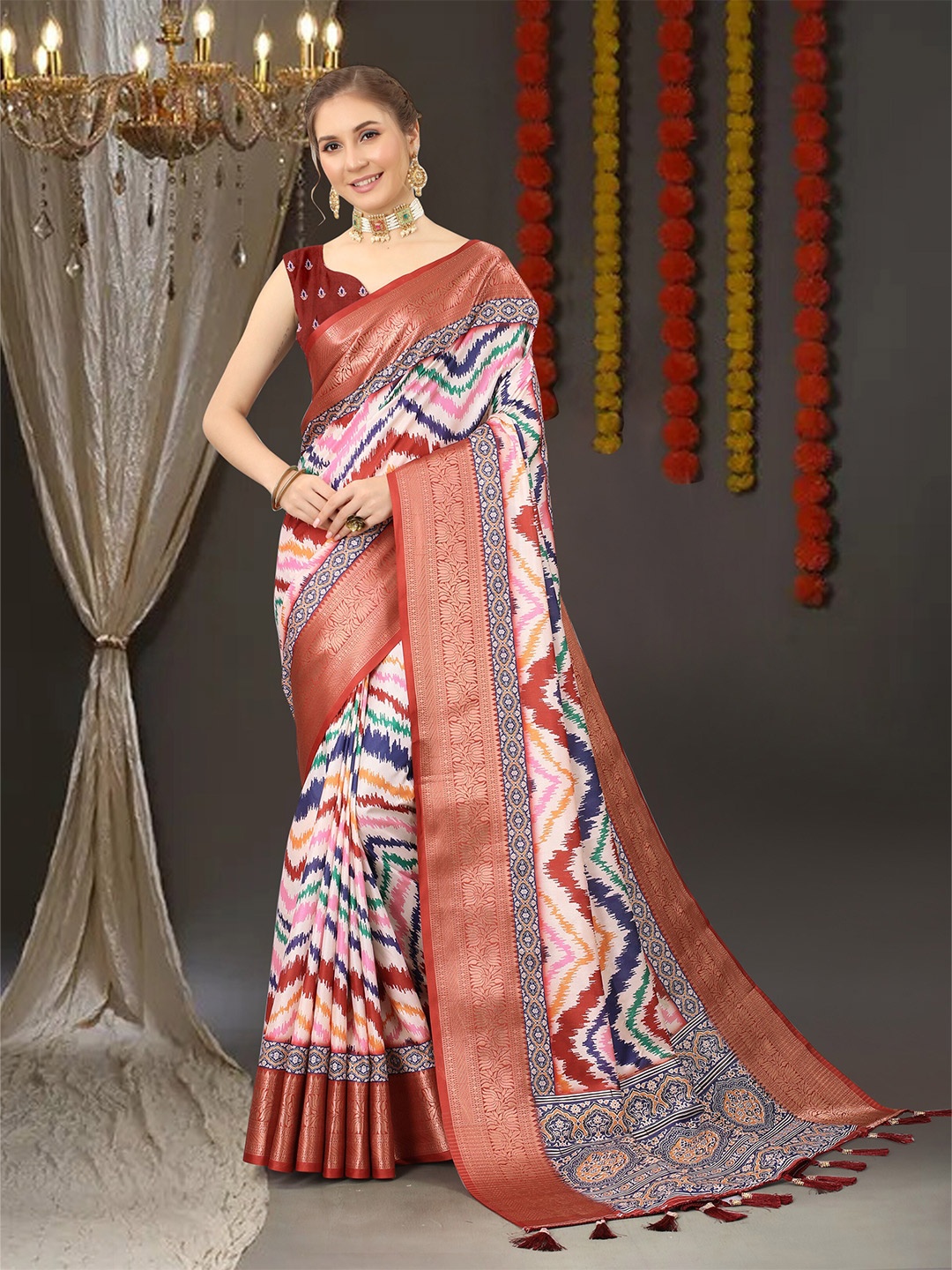 

bansari textiles Geometric Printed Zari Silk Cotton Ikat Saree, Maroon