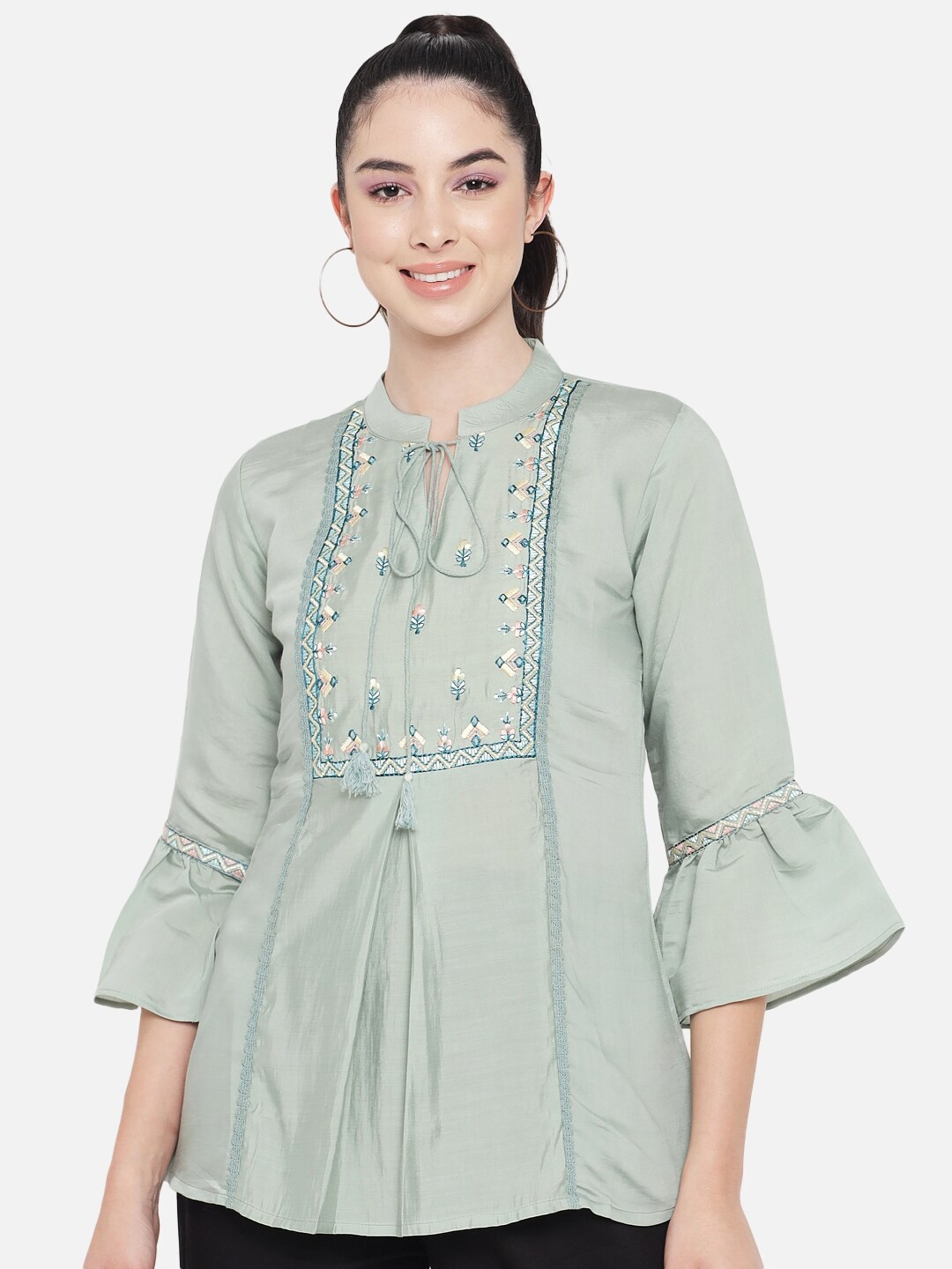 

Chemistry Floral Embroidered Tie-Up Neck Bell Sleeve A-Line Cotton Top, Green