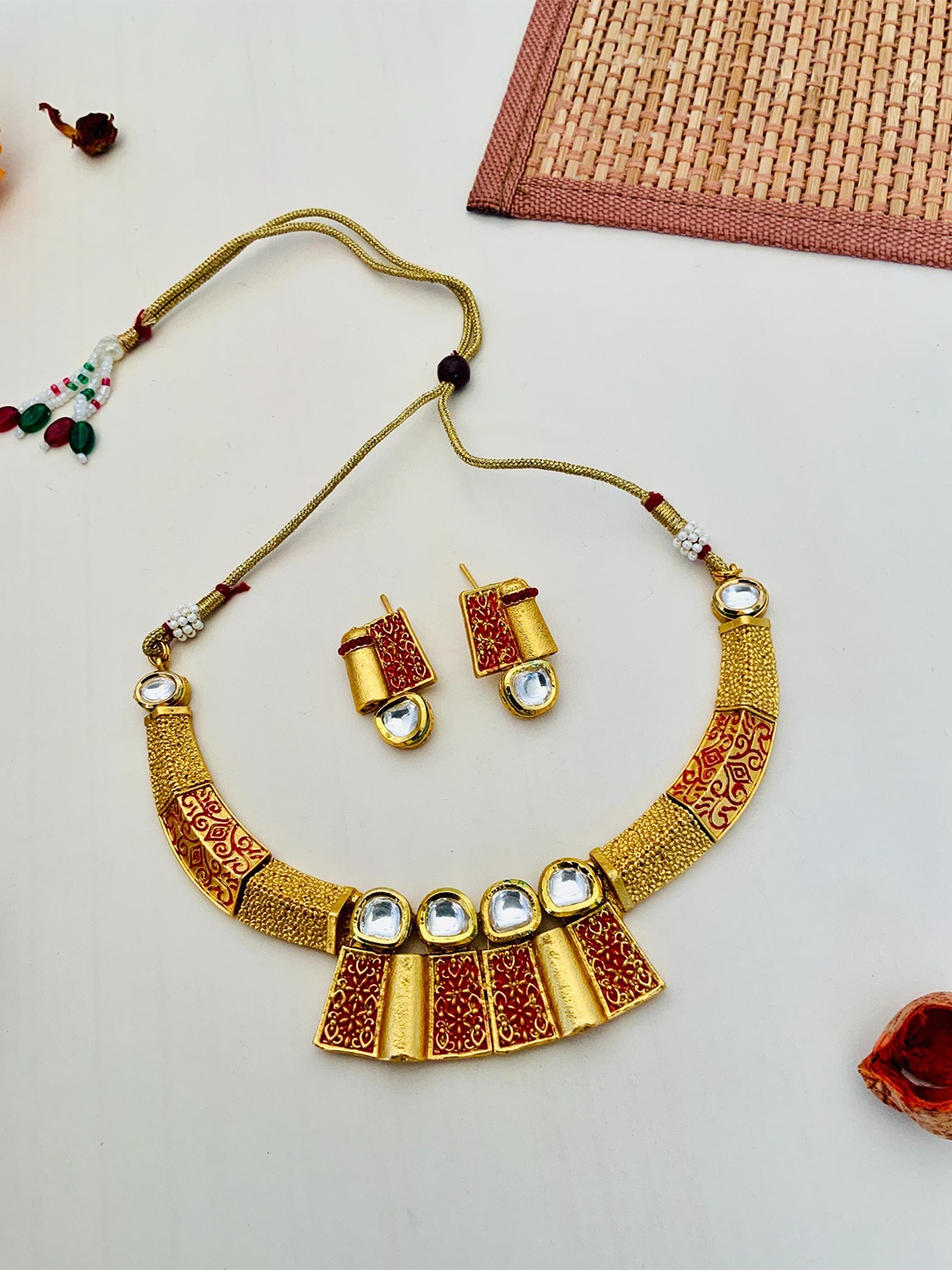 

ABDESIGNS Gold-Plated Kundan-Studded & Beaded Meenakari Jewellery Set