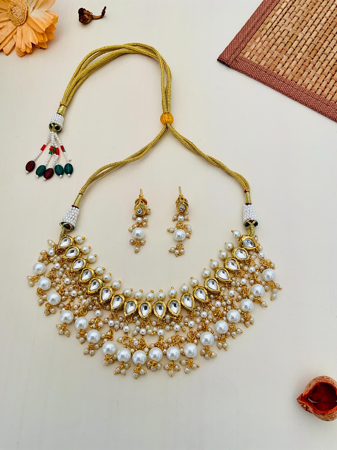 

ABDESIGNS Gold-Plated Kundan-Studded & Pearl Beaded Jewellery Set