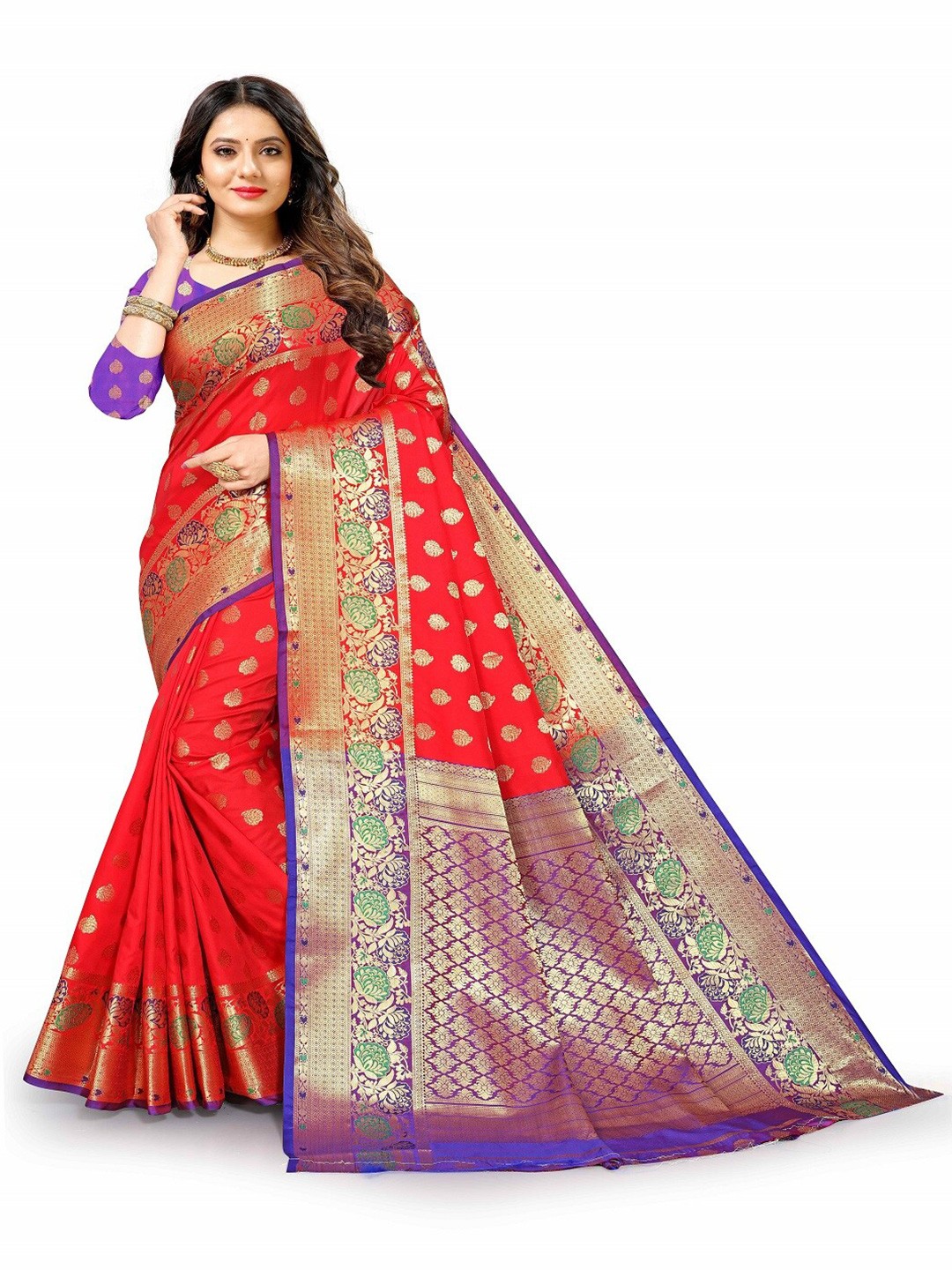 

faxofab Woven Design Zari Pure Silk Banarasi Saree, Red