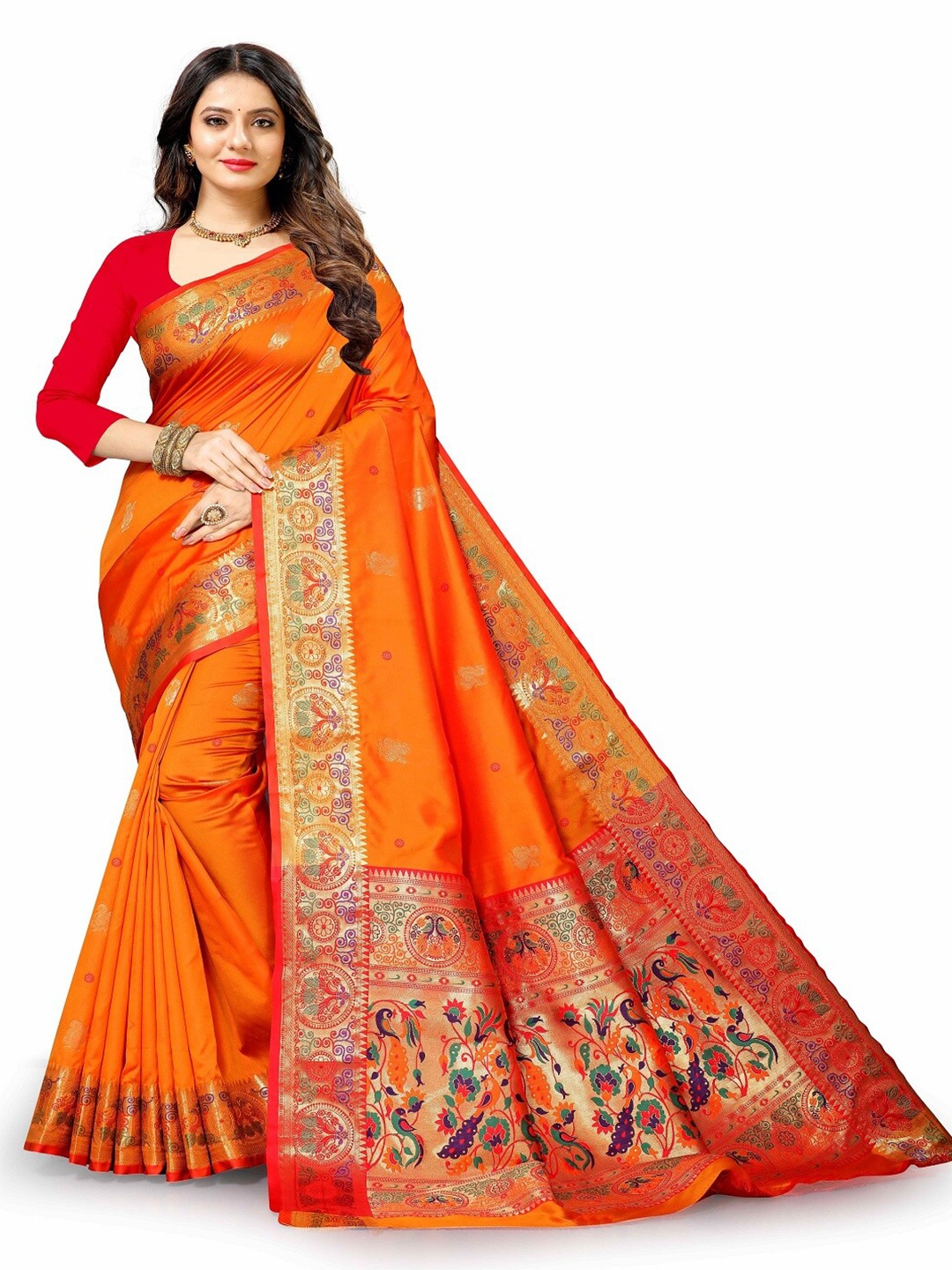 

faxofab Ethnic Motifs Woven Design Zari Pure Silk Banarasi Saree, Orange