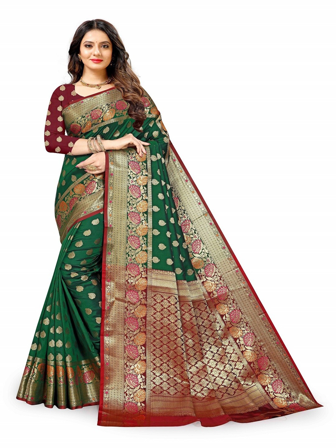 

faxofab Woven Design Zari Pure Silk Designer Banarasi Saree, Green