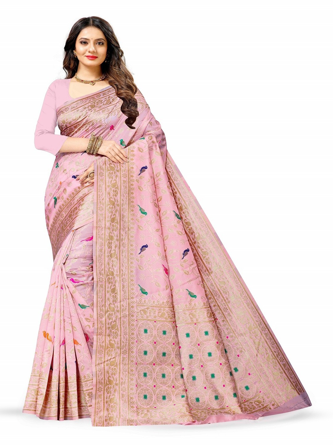 

faxofab Ethnic Motifs Woven Design Zari Pure Silk Banarasi Saree, Peach