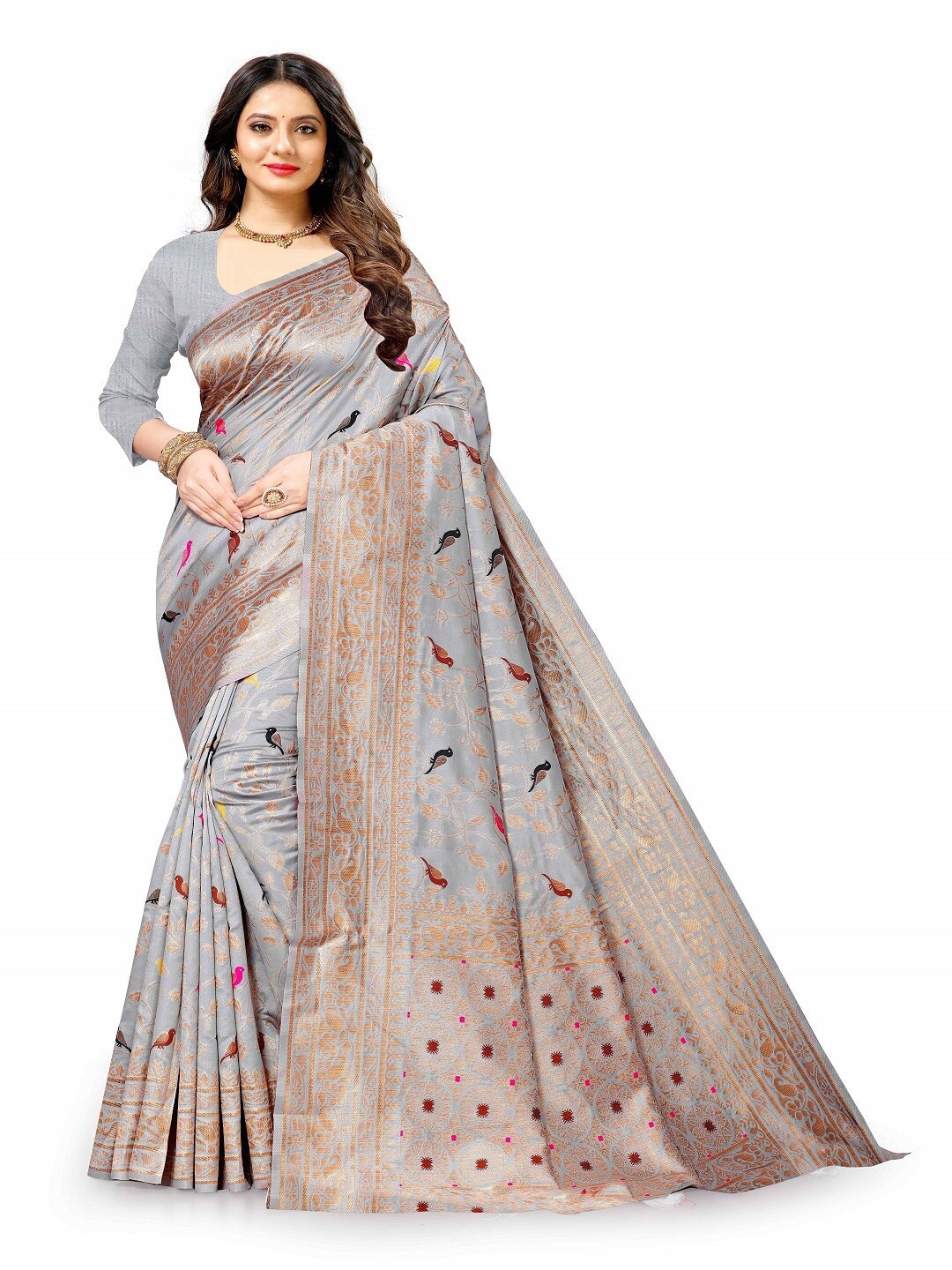 

faxofab Woven Design Zari Pure Silk Banarasi Saree, Grey
