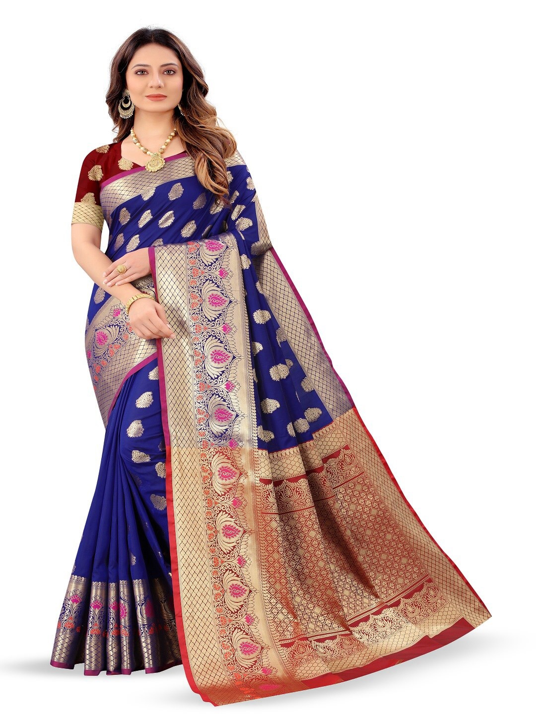 

faxofab Woven Design Zari Pure Silk Designer Banarasi Saree, Navy blue