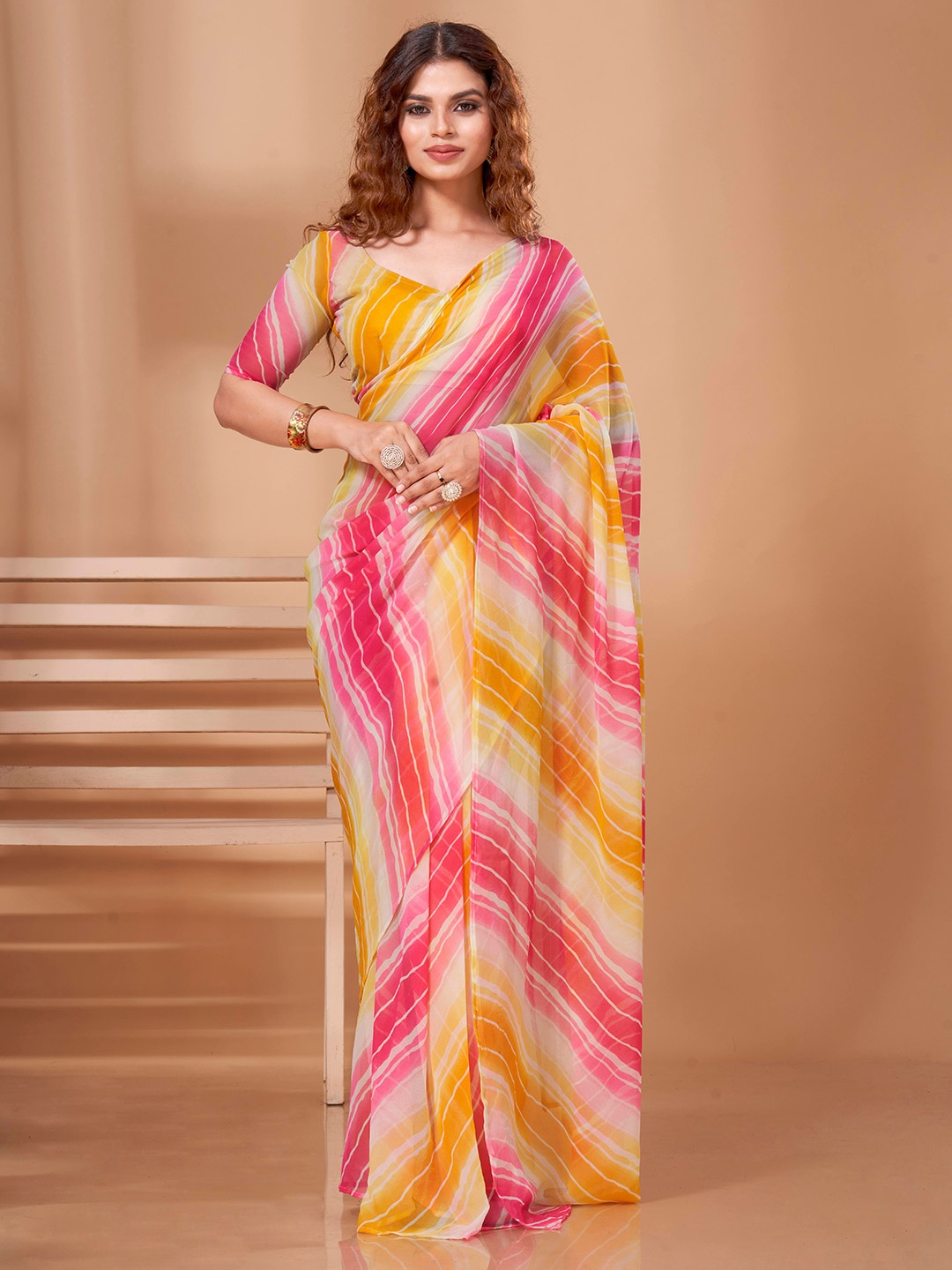 

Tikhi Imli Striped Poly Georgette Ready To Wear Saree, Red