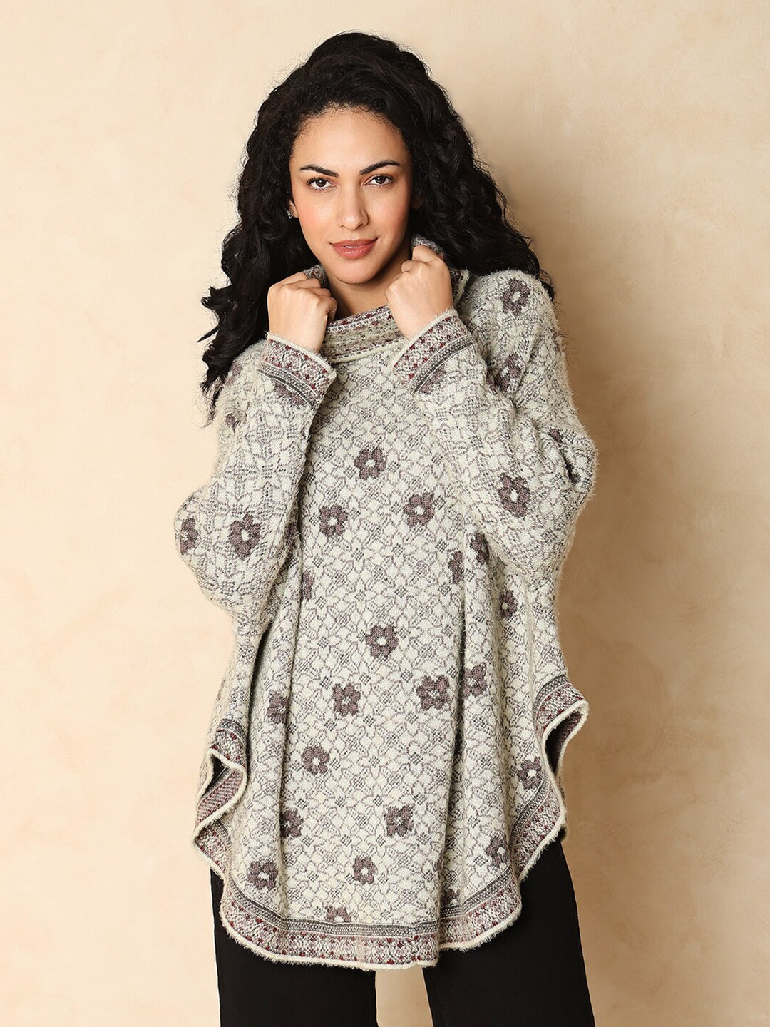 

Indifusion Floral Knitted High Neck Poncho, Beige