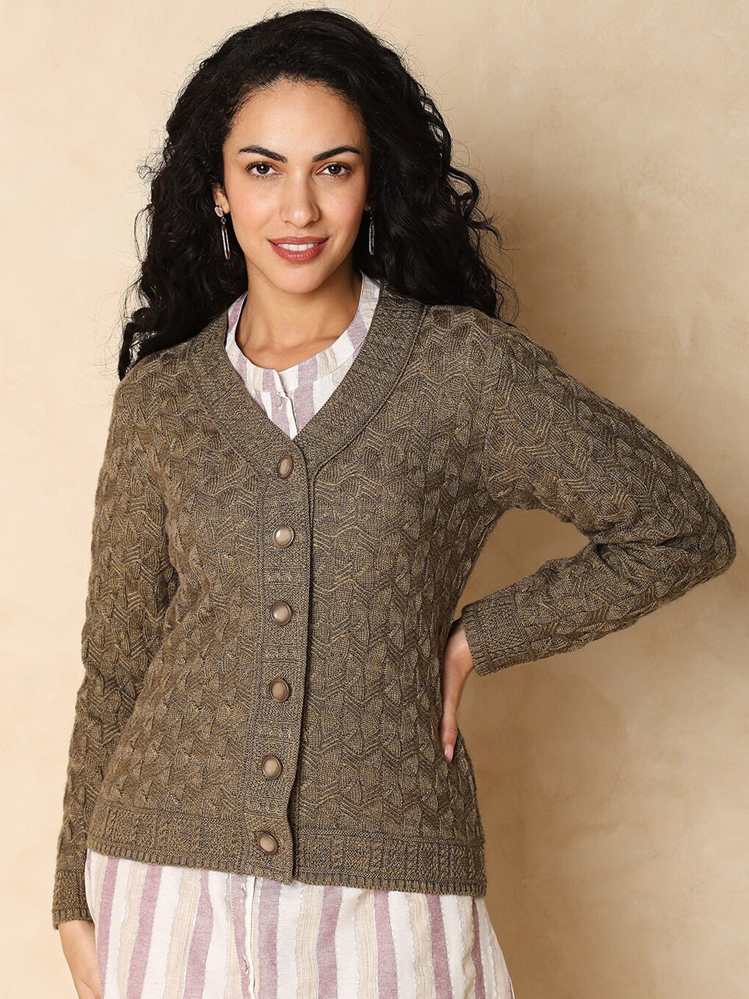 

Indifusion V-Neck Cable Knit Cardigan Sweater, Green