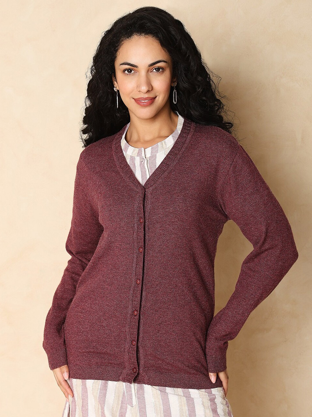 

Indifusion Long Sleeves V-Neck Cardigan, Red