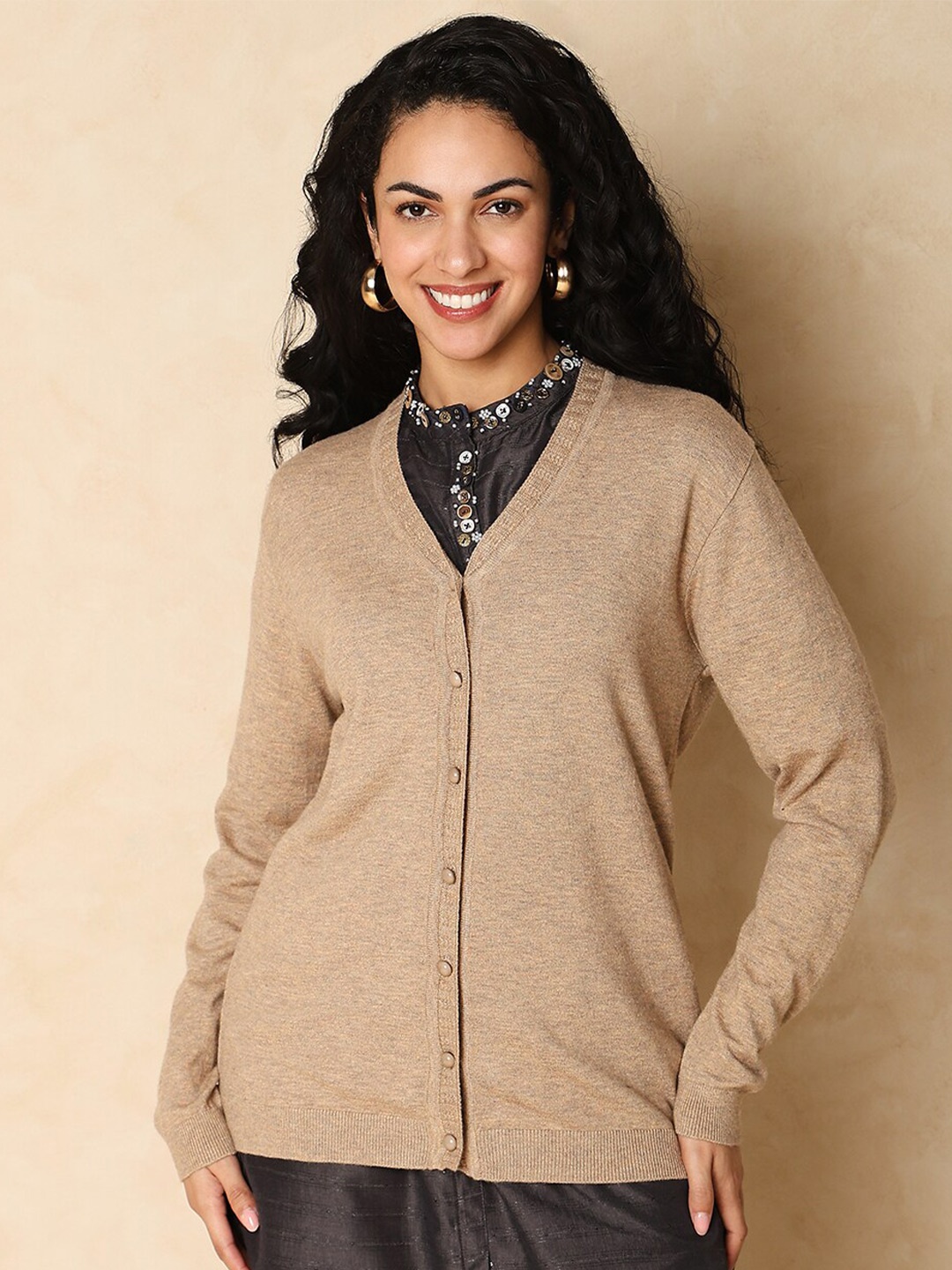 

Indifusion V-Neck Long Sleeves Front Open Cardigan Sweater, Beige