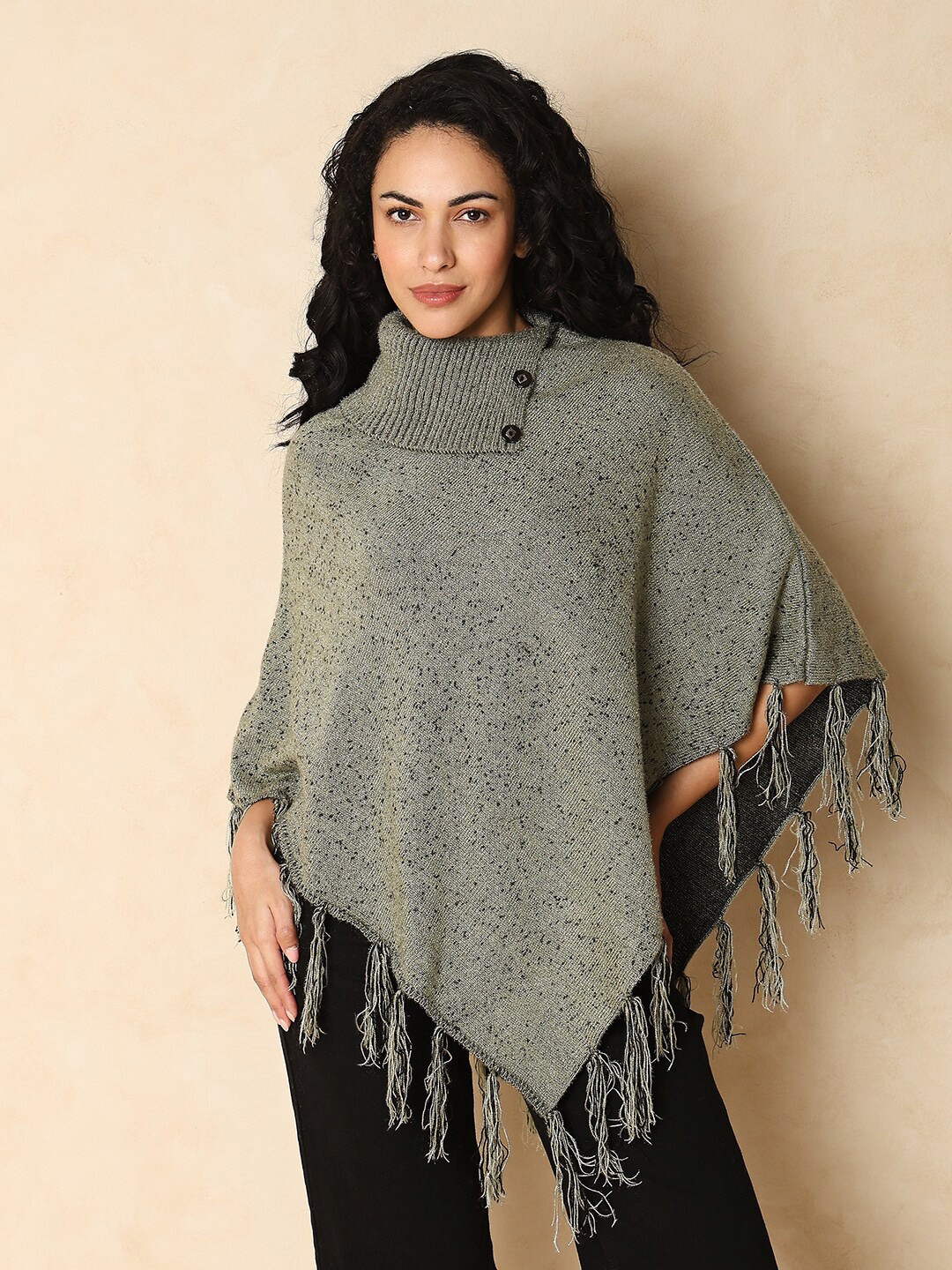 

Indifusion Turtle Neck Self Design Cable Knit Poncho, Green