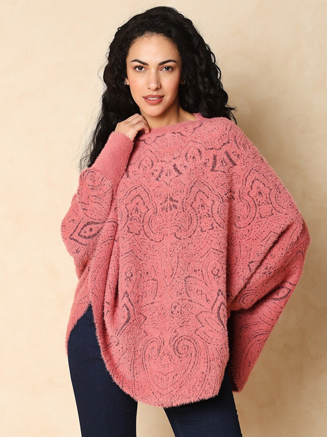

Indifusion Longline High-Neck Knitted Poncho, Pink