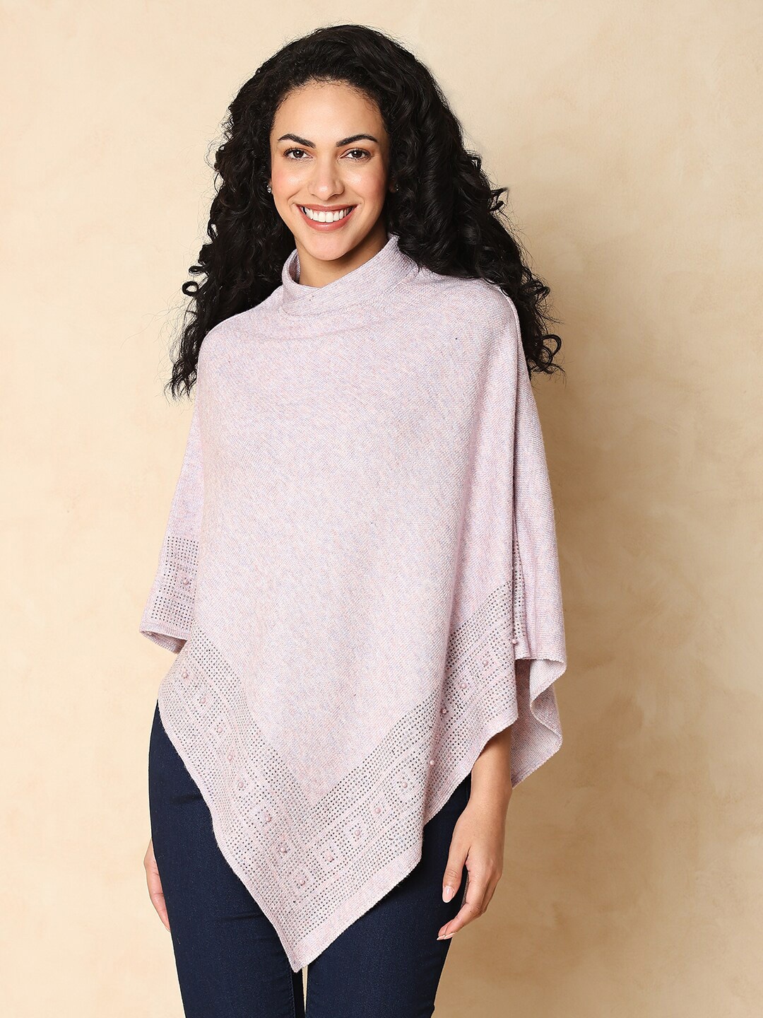 

Indifusion Longline Embellished High Neck Poncho Sweater, Pink