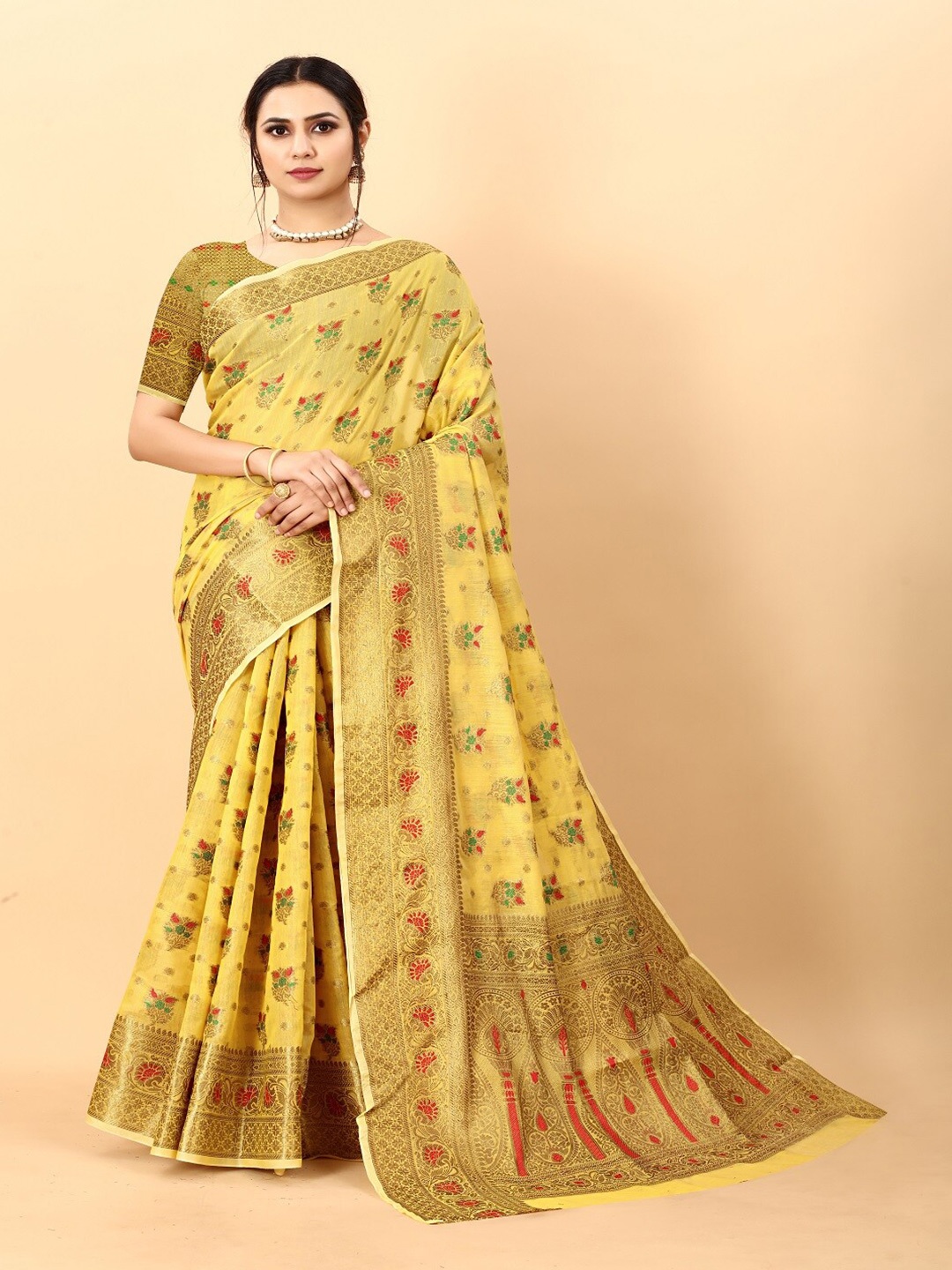 

faxofab Woven Design Zari Banarasi Saree, Yellow